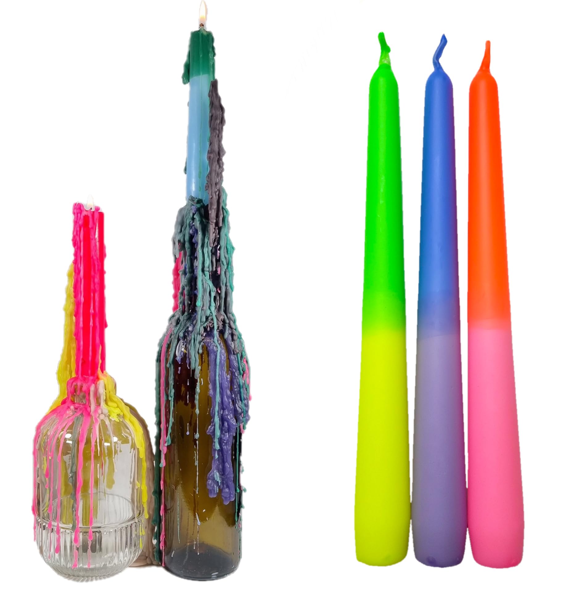 GLOWYBOX® TROPFKERZEN 3er SET Tropfkerzen bunt zum betropfen Flaschenkerze Tropfkerze für Flasche bunte Kerzen für Flaschen und
