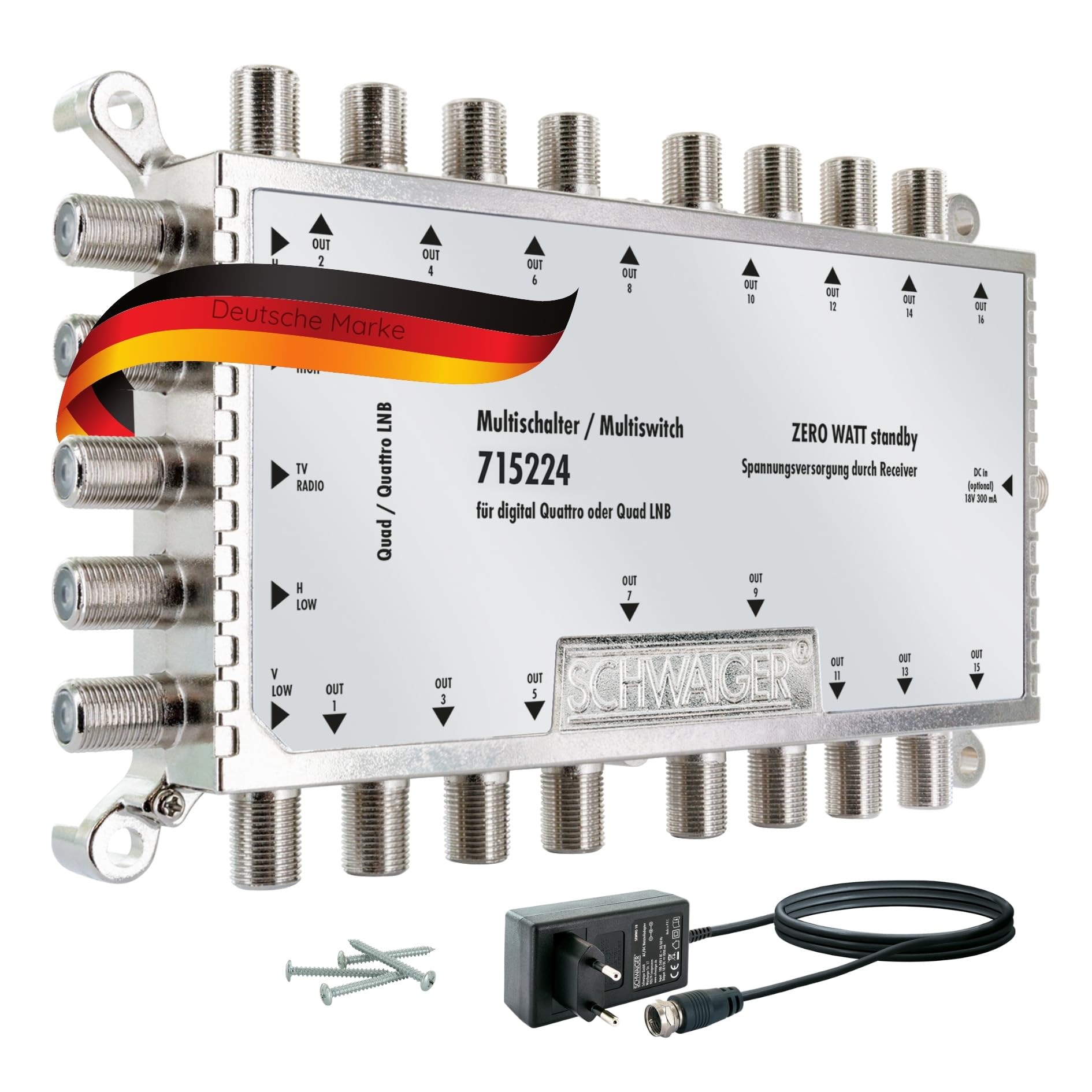 SCHWAIGER 5224 Distribuidor Sat Multiswitch Repartidor Sat Digital de 16 vías con Fuente de alimentación Externa Incl. Accesorios de Montaje