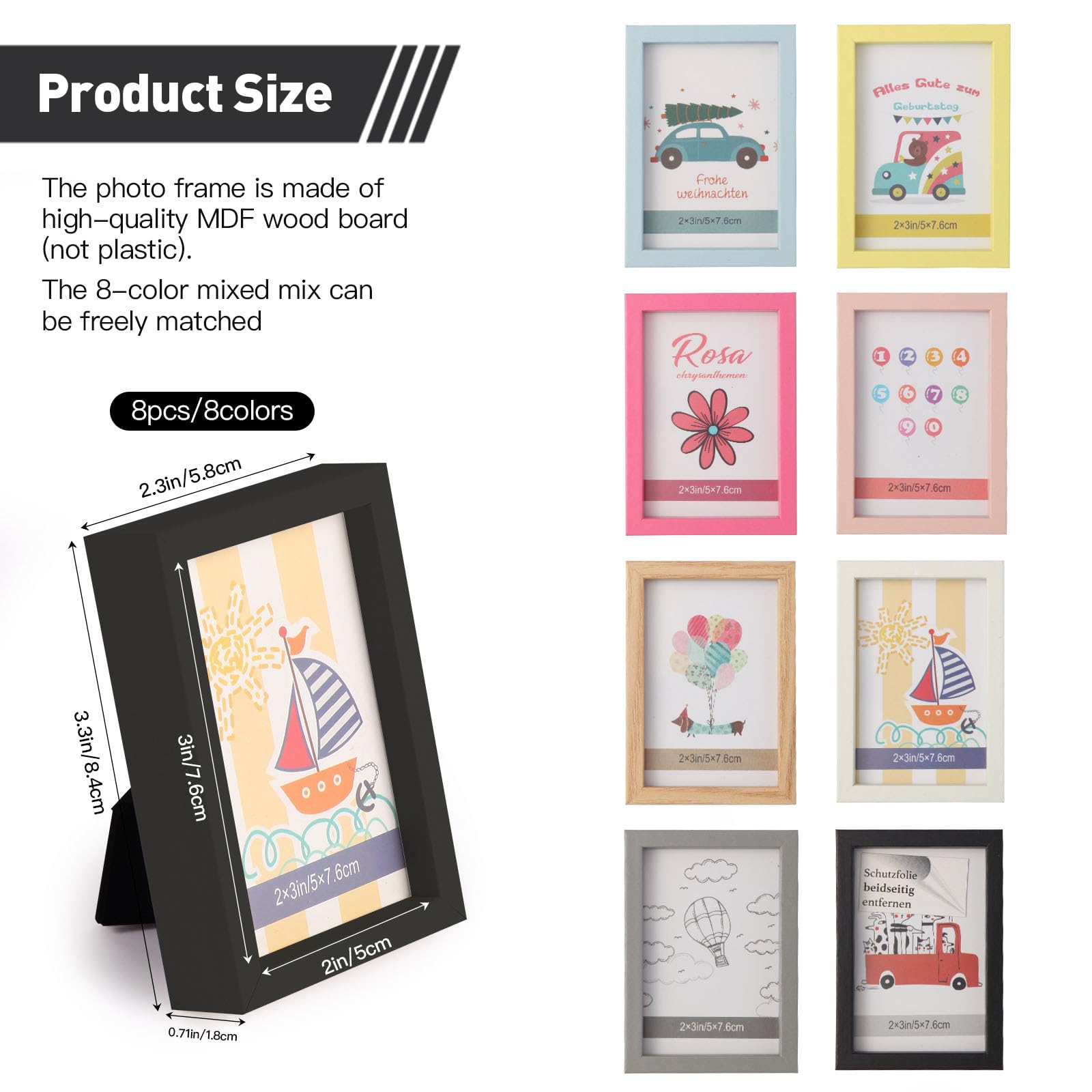 Magnetische Mini Bilderrahmen,Polaroid Fotorahmen mit Magnete für Kühlschrank, Kinderzeichnungen Holz Rahmen,Kleine Bunt Set aus 8 Stück (5x7.6 cm / 2x3 Zoll)