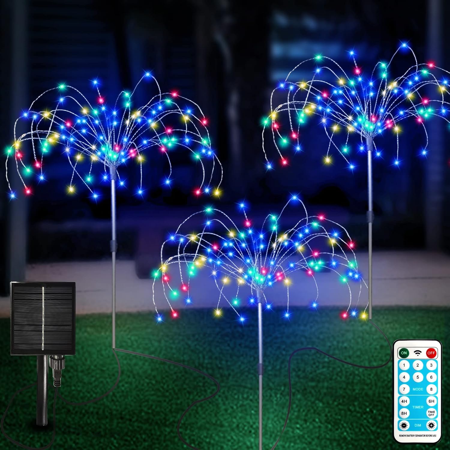 Outdoor Solar Garden Lights 3 Pack, 120 LED Copper Wire Light with Remote, 8 Lighting Modes Decorative Stake Landscape Light DIY Solar Firework Light for Garden Pathway Party Decor (Multi)