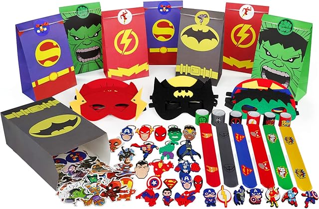 Superhero Party Bags Fillers set,114 Pcs Kids Party Favours Include Superhero Theme Masks,Keyring,Cute Toy, Stickers,Party Slap Bands, Candy Loot Bags Fillers Perfect for Game Prizes,Birthday Gifts