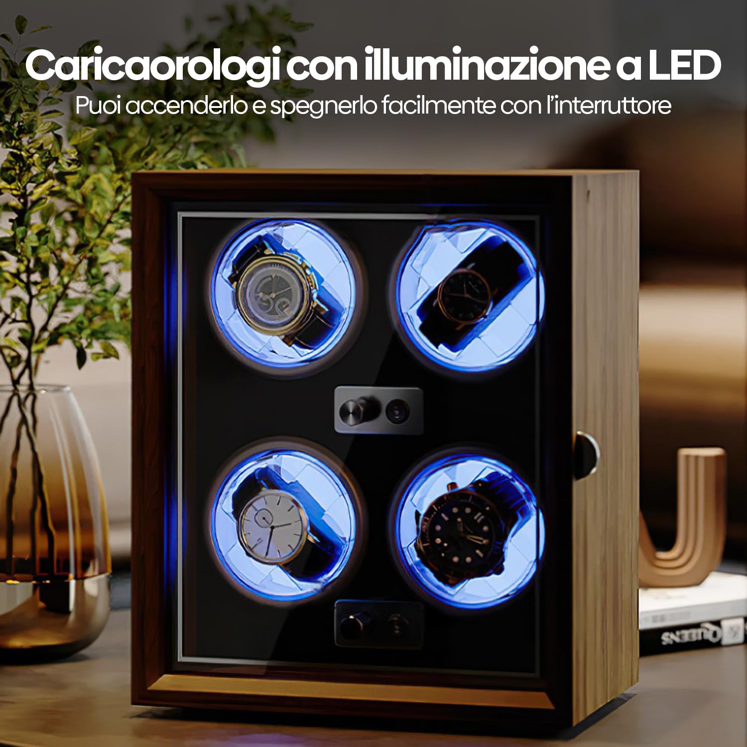 Olvy Caricatore per 4 orologi, illuminazione a LED, Watchwinder Box in legno, motore Mabuchi estremamente silenzioso, cuscino flessibile per orologi