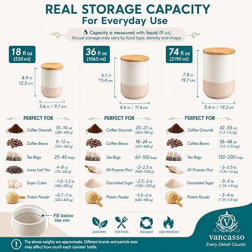 vancasso Sabine Canister Sets for Kitchen, Ceramic Kitchen Canisters for Countertop with Airtight Wood Lids, Large Flour and Suger Containers for Coffee, Tea, Spice (Set of 3) - 5