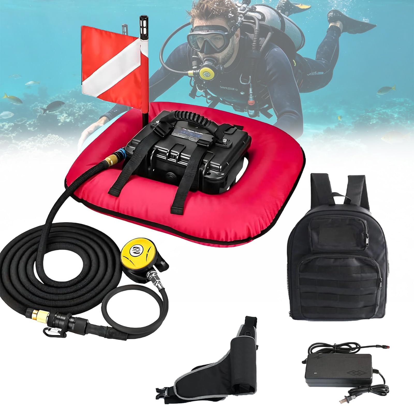 Bombona de Buceo Eléctrica con Compresor y Manguera de 9,5M. Equipo de Buceo Portátil con Filtro Activo para Limpieza de Cascos y Pesca Deportiva. Red-Singlebattery