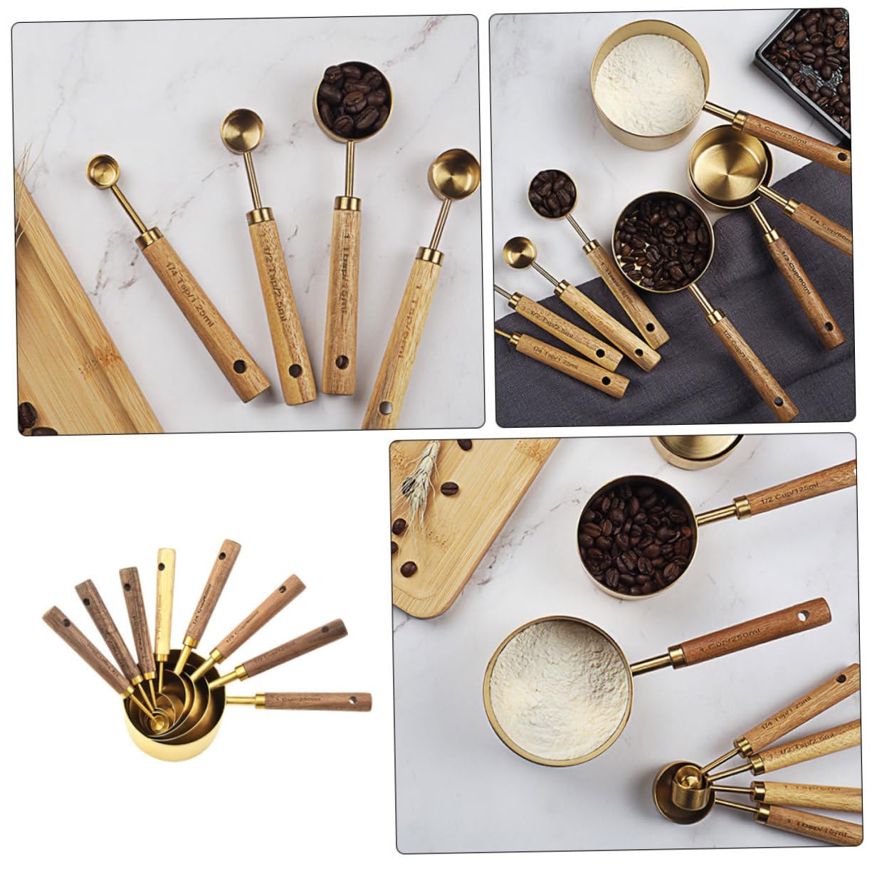 Alipis 8piezas Cucharas Medidoras de Acero Inoxidable con Mango de Madera para Hornear y Cocinar Cuchara Medidora Métrica para Cocina