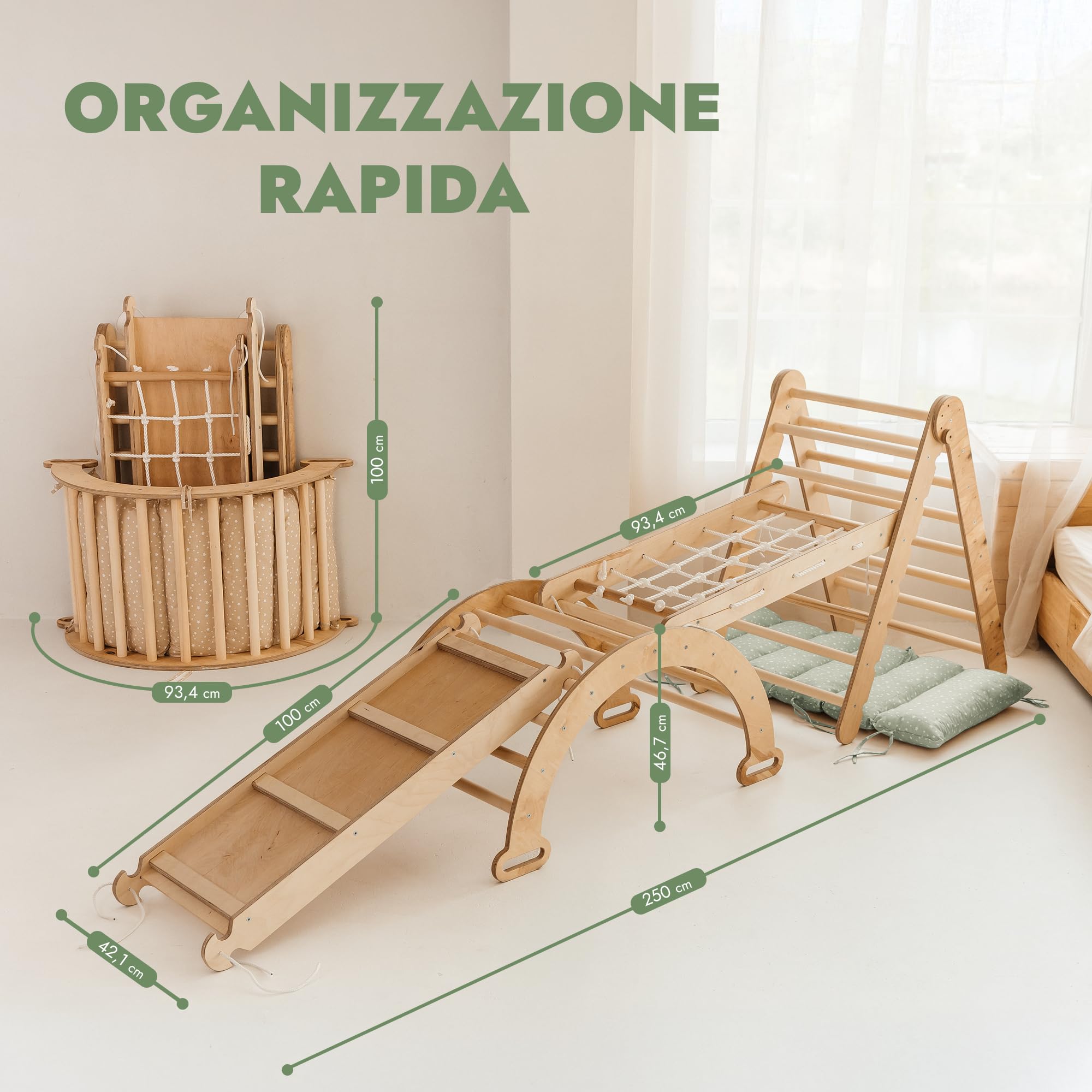 Telaio da arrampicata per interni 5 in 1 per bambini – scala triangolare, arco da arrampicata e rampa da arrampicata e rete, cuscino, montessori, per bambini dai 1 ai 5 anni (cuscino verde)