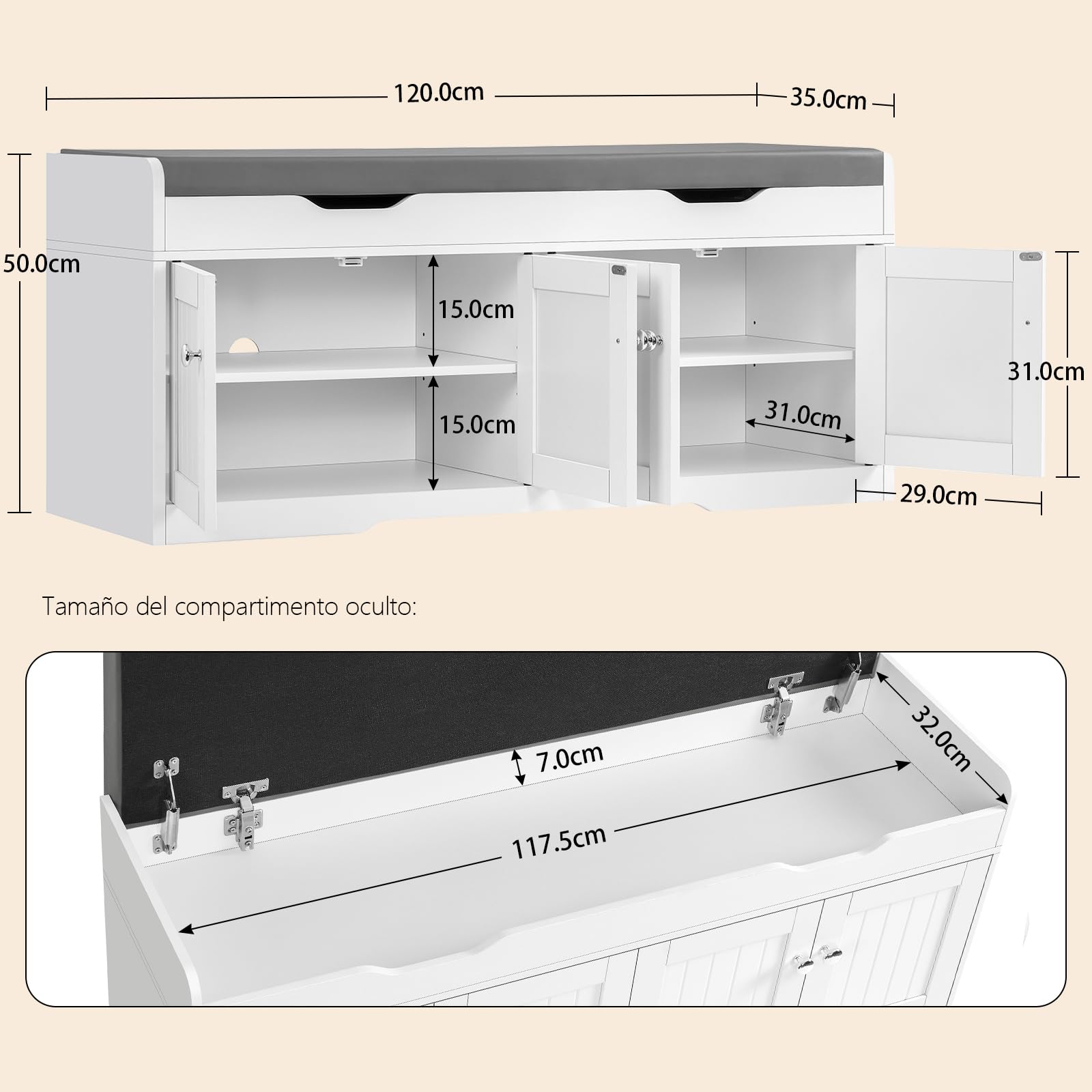 TEENFON 120 cm (B) Banco Zapatero con Asiento, Banco Recibidor, Zapatero con Almacenamiento y Asiento Acolchado, Estantes Regulables y Compartimento Oculto, Soporta 136 kg, Blanco, 120×35×50 cm