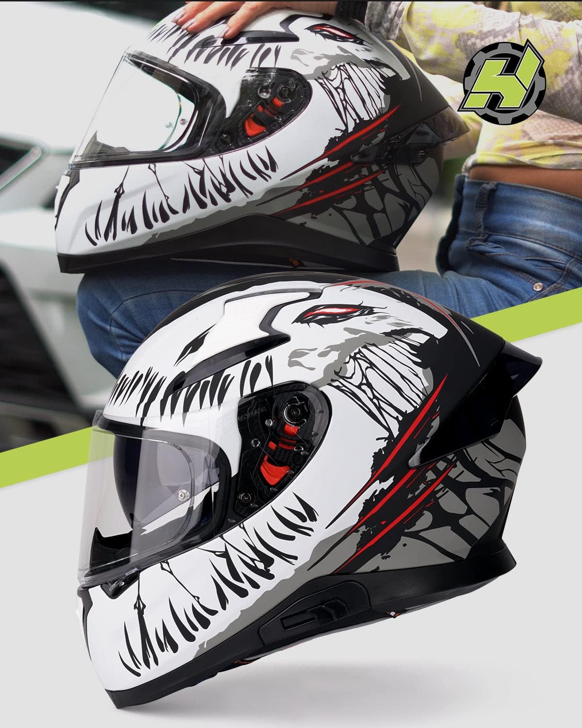 HAX Full Face Motorcycle Helmet with Dual Rear Wing, DOT Approved Motorbike Street Bike Helmet with Pinlock Ready Plastic Nails for Adult