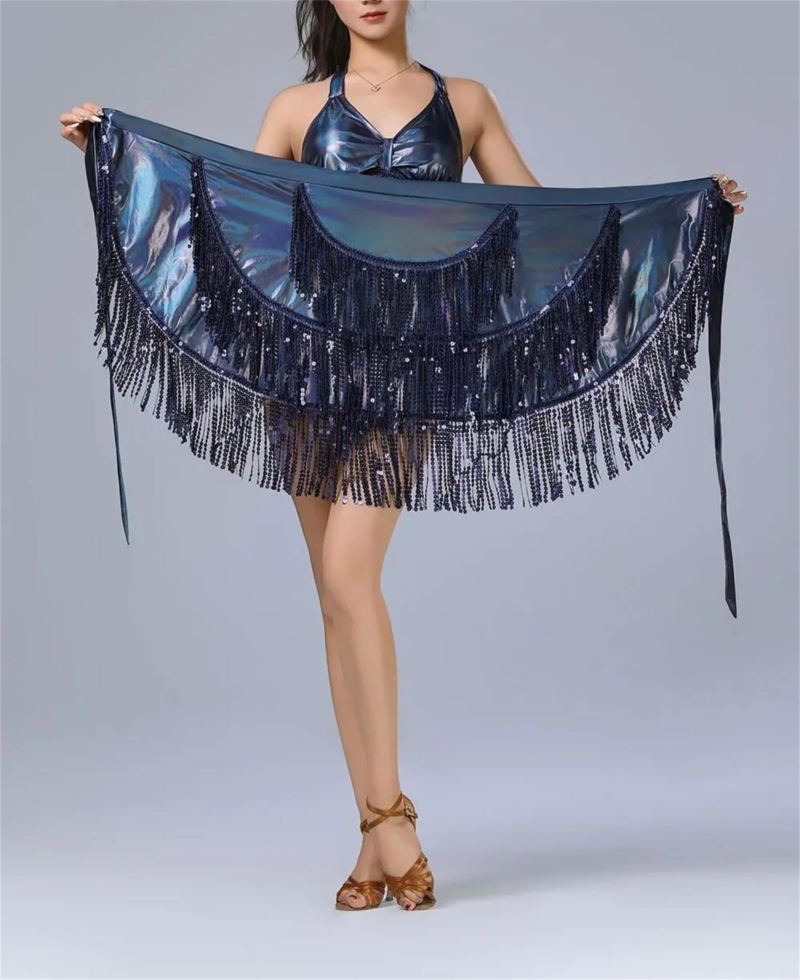 Sciarpa da donna con paillettes nappa per danza di linea e danza latina costume performance avvolgente gonna accessorio