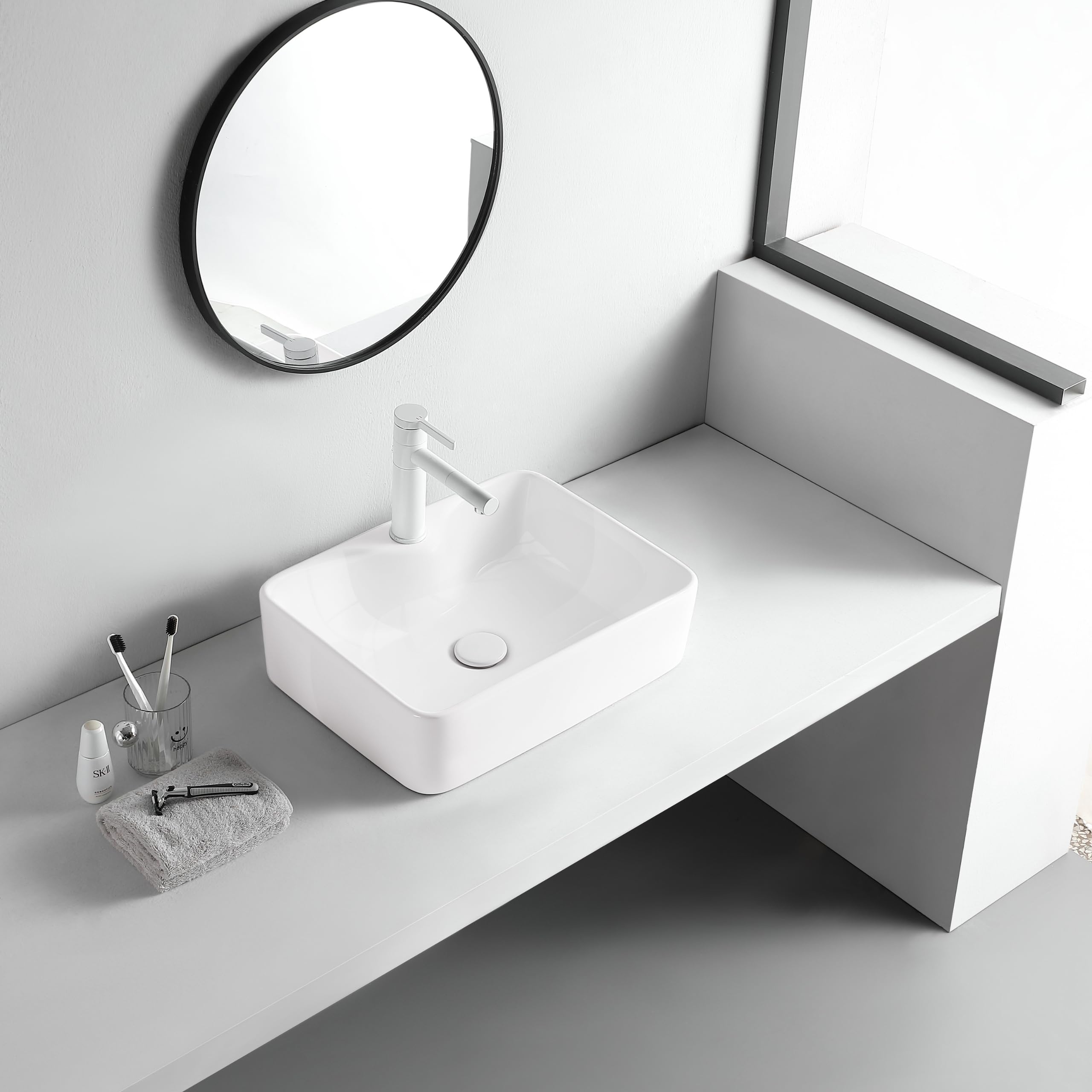 AQUAUNO - Lavabo da Appoggio KAIA 49 x 38 cm, Rettangolare, in Ceramica Bianca con Foro per Rubinetto senza Troppopieno
