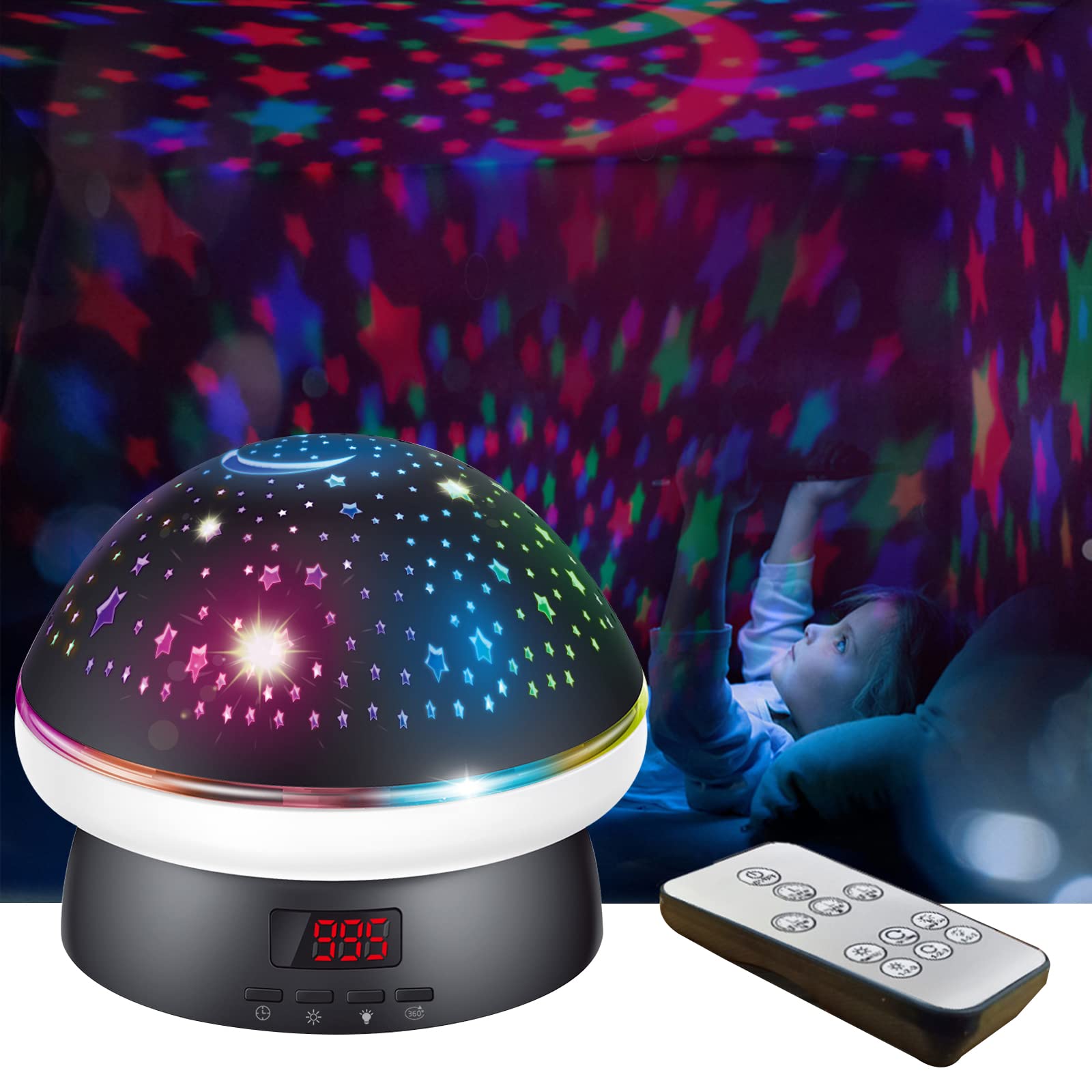 Projektor gwiazdowy lampka nocna dla dzieci - 6 kolorów 360 ° obrotowy projektor lampki nocnej dla dzieci do sypialni z pilotem czasowym - najlepszy prezent dla dzieci,Black
