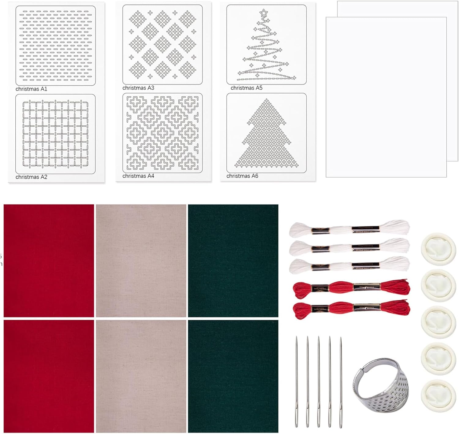 Yushen Merry Christmas Sashiko Kit Sashiko Thread, Water Soluble Patterns Embroidery Kit for Beginners, Sashiko Needles and Thimble Fabric, Hand Quilting and Sewing Supplies