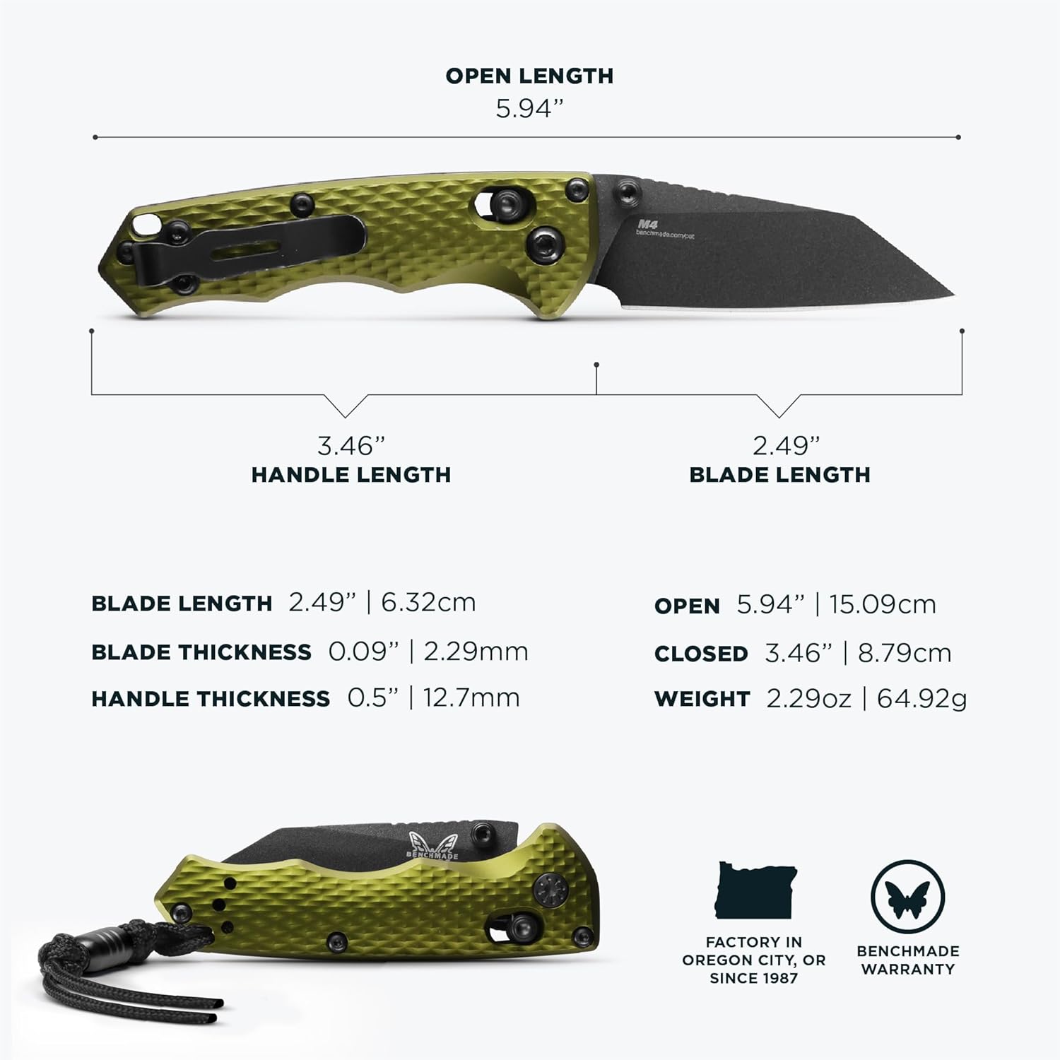 Benchmade - Full Immunity Tactical, Every Day Knife, Wharncliffe Blade with Woodland Green Aluminum Handle (290BK-2)
