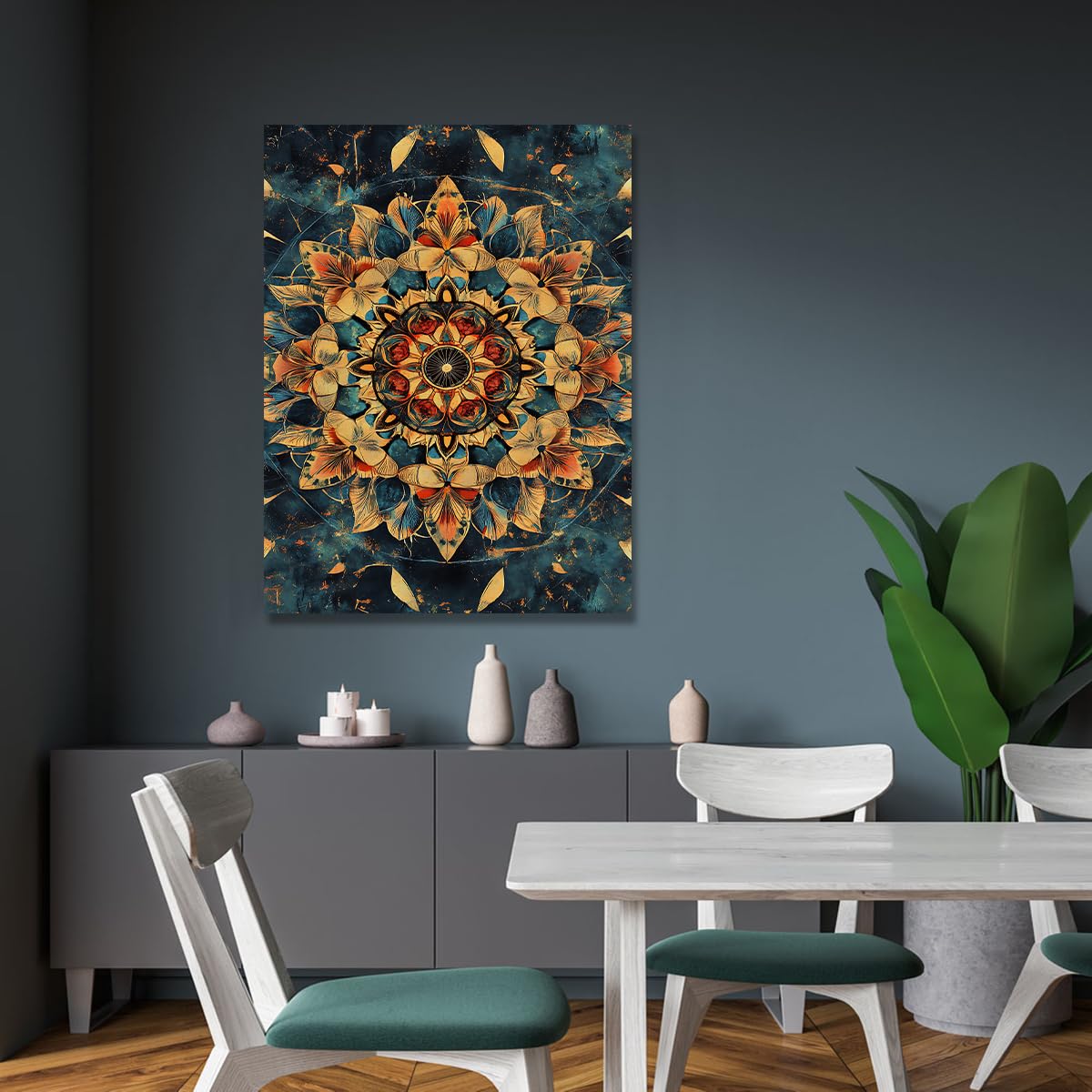 TOANGWALL Kwiatowy plakat mandali na płótnie sztuka ścienna obrazy ścienne płatki pomarańczowo-zielony kwiat geometryczny obraz do dekoracji kuchni jadalni 80 x 120 cm