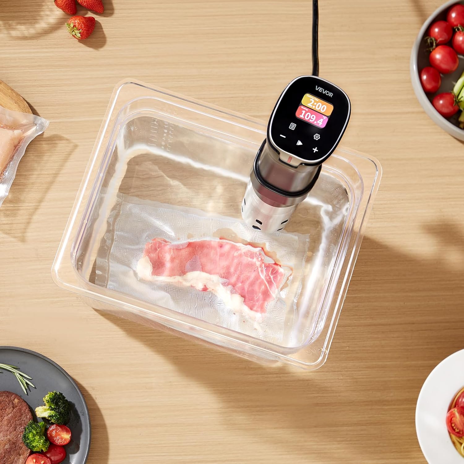 VEVOR Sous Vide Precision Cooker attached to a pot filled with water