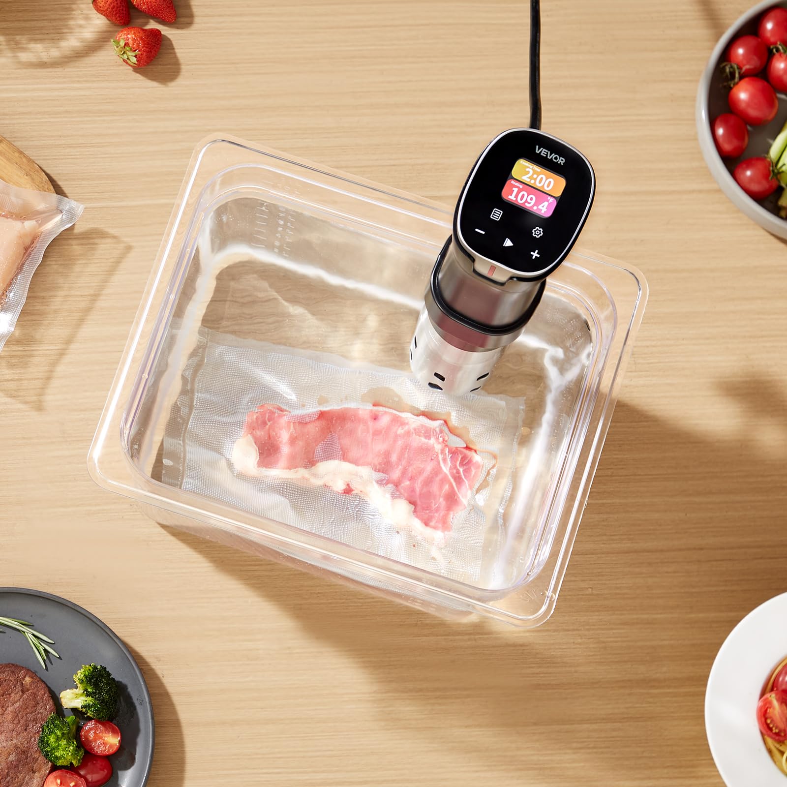 VEVOR Thermoplongeur Cuisson Sous Vide 1100 W Cuiseur Sous Vide Wi-Fi avec Contrôle par Application, Écran Tactile LCD, 10 Recettes Prédéfinies, Chauffage Rapide, Température et Minuterie Précises