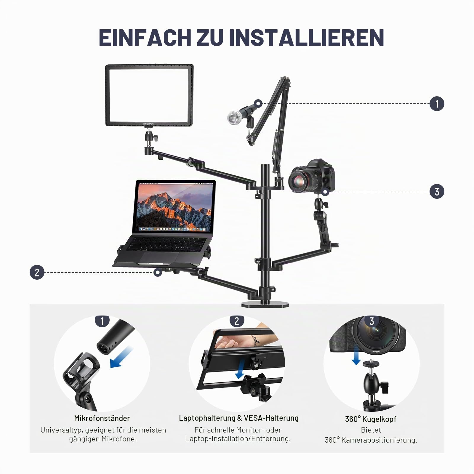 NEEWER Überkopf Kamerastativ Tischhalterung Rig mit 4 Boom Arm für Fotografie Video Licht Ring Licht Telefonhalterung Webcam Mic Compact DSLR für Live Streaming Broadcast Online Lehr Konferenz, DS007