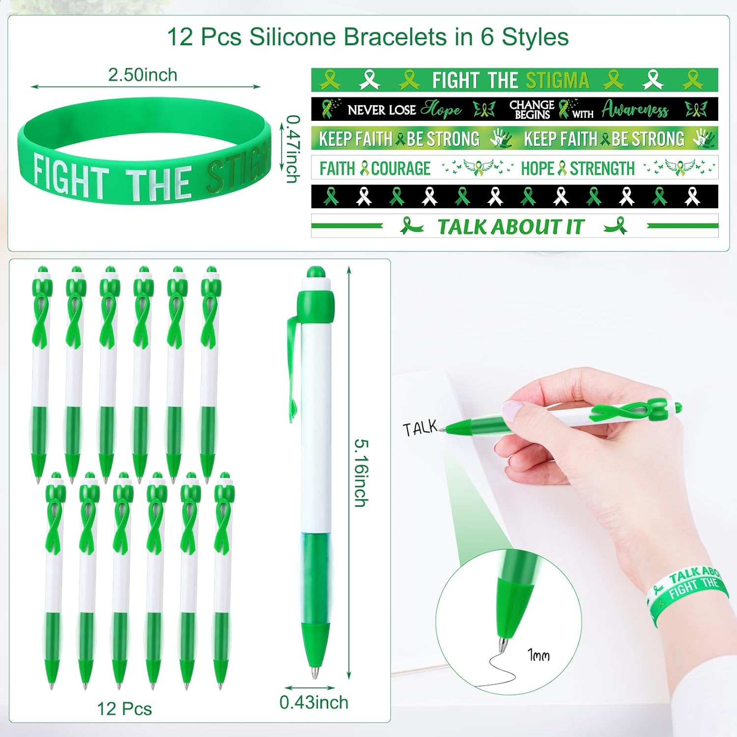 122 Pcs Ribbons Awareness Accessories Includes Ribbons Bracelets Stickers Pins Pens Keychain for School Charity Fundraiser Public Activities Supplies(Mental Health,Green)
