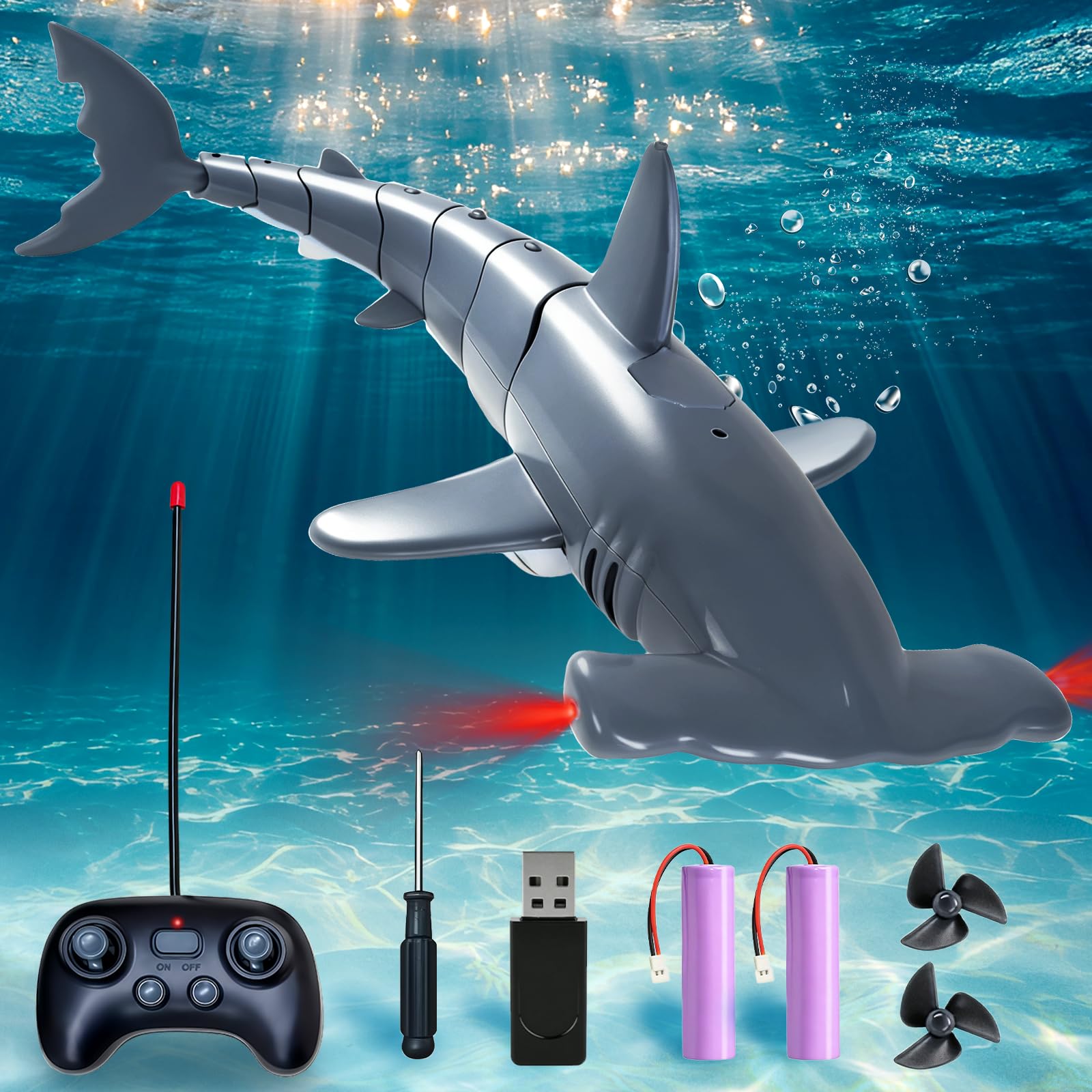 Tiburon Teledirigido Submersible, Tiburon Submarino Juguete 2.4GHz RC Tiburón con Luces LED para Piscinas, Lagos y Bañeras (Gris)