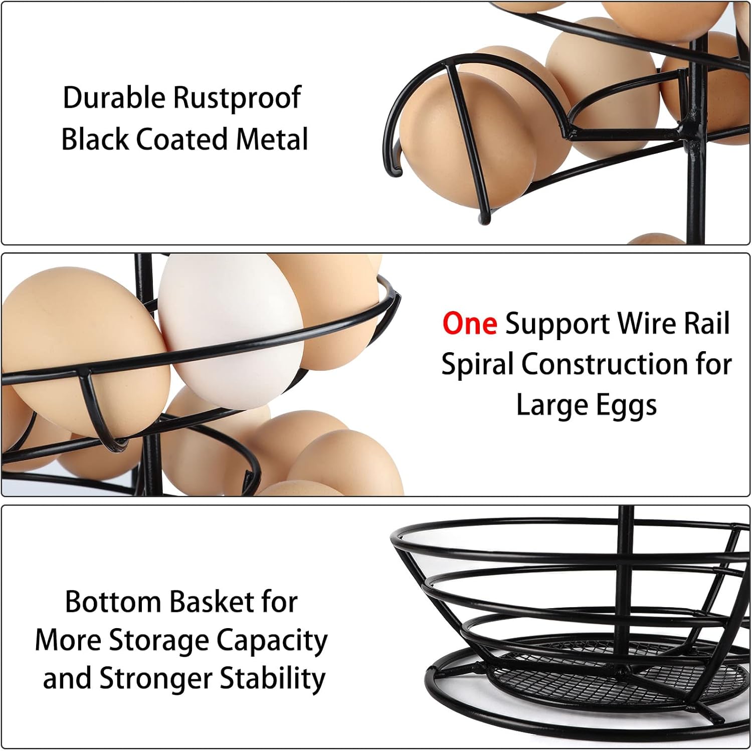 QUTREY Black Metal Egg Skelter with Storage Basket, Spiral Design Egg Holder for Large Egg for Countertop, Kitchen - Image 3