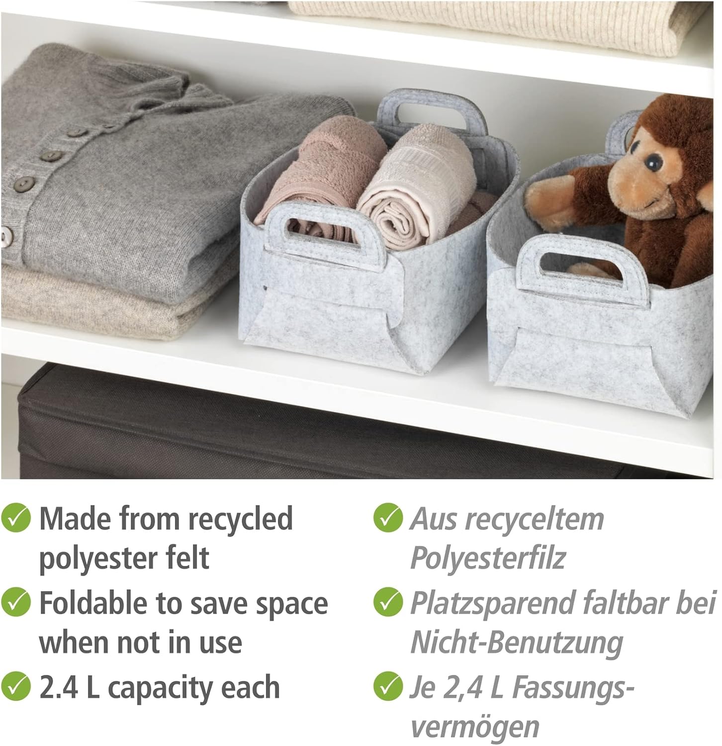 WENKO Felt basket Nina S, set of 2 storage baskets made of recycled polyester felt, space-saving foldable felt baskets with practical carrying handles & 2.4 L capacity each, 19 x 14 x 9 cm, light grey