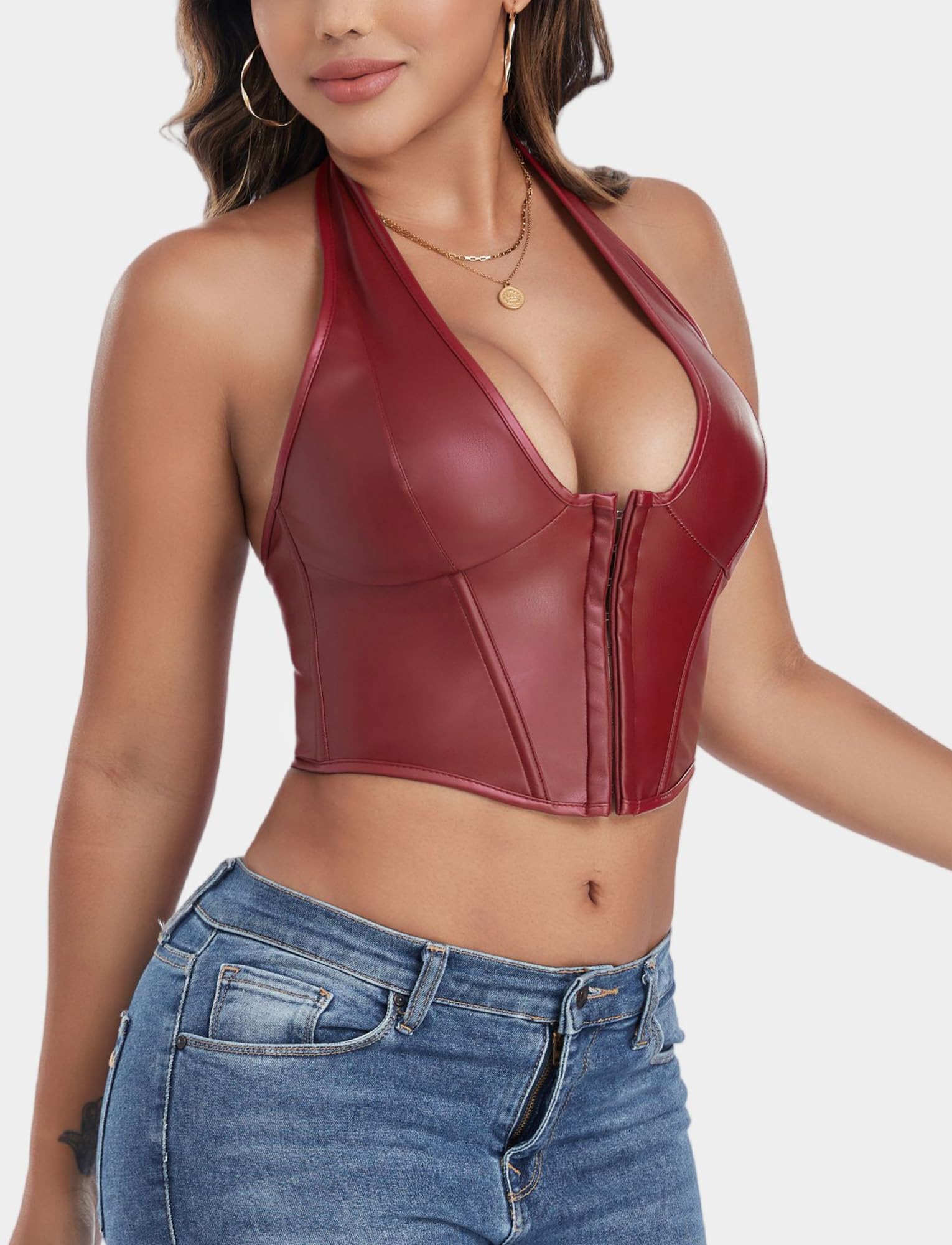 FEOYA Top de piel sintética para mujer, sexy, cuello halter Y2k, con cordones para arriba, vendaje cruzado, ojales, corsé, camisola, clubwear
