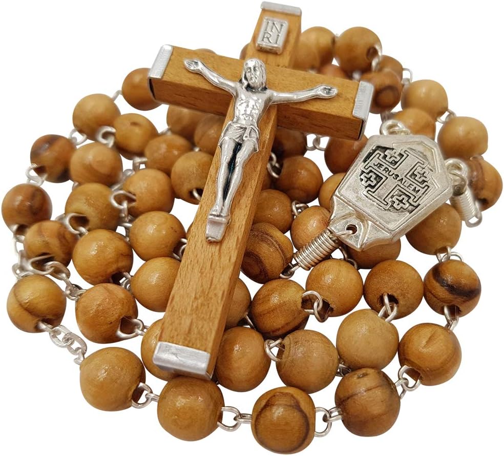 TALISMAN4U Olive Wood Rosary Beads Catholic Necklace with Jordan River Holy Water Medal Jerusalem Cross Crucifix Religious Gift - Image 9