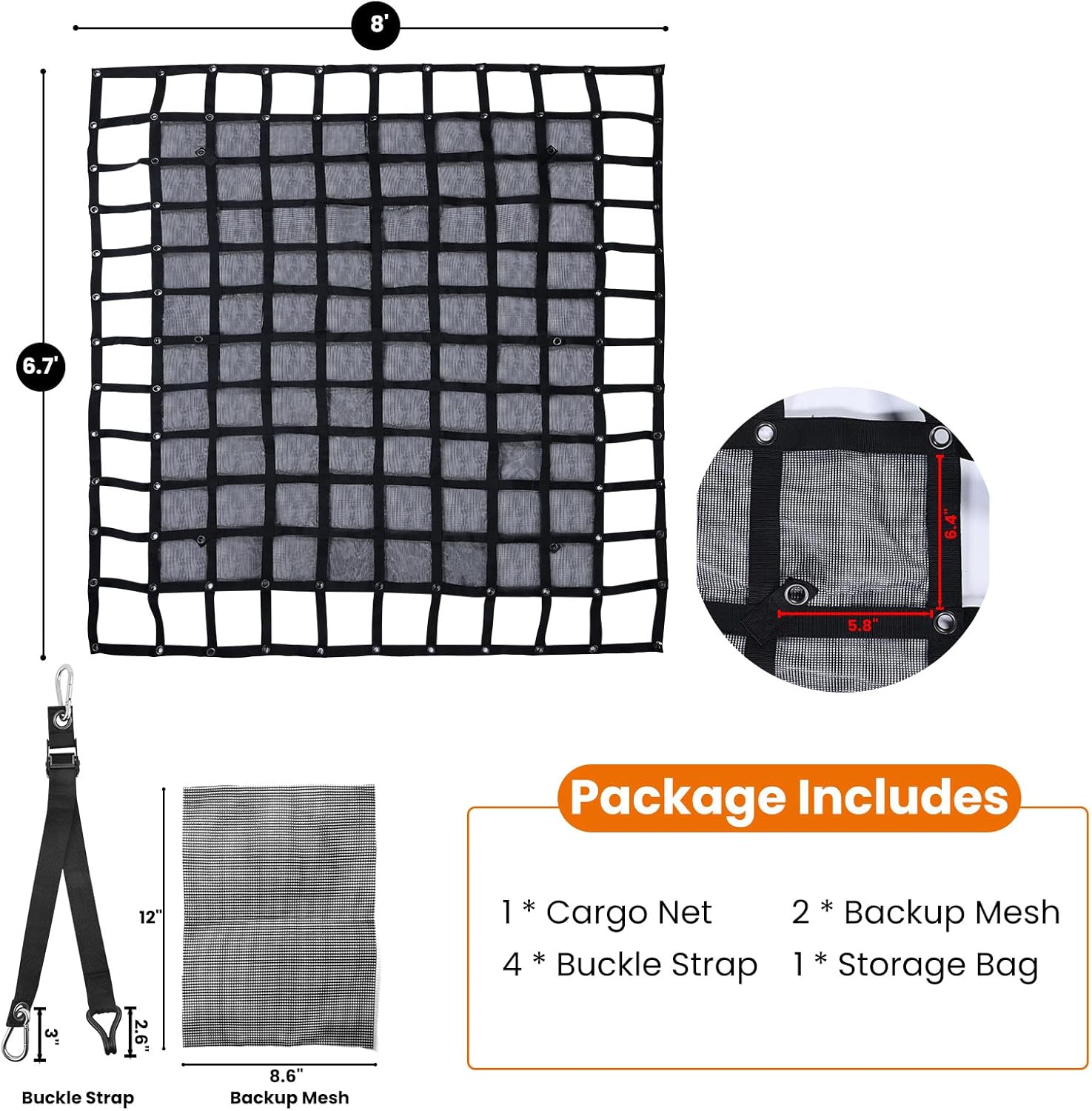Truck Cargo Net with Mesh, 6.7 x 8 ft Heavy Duty Cargo Net for Pickup Bed, Accessory Truck Bed Netting for Cargo (80 x 95 inches)
