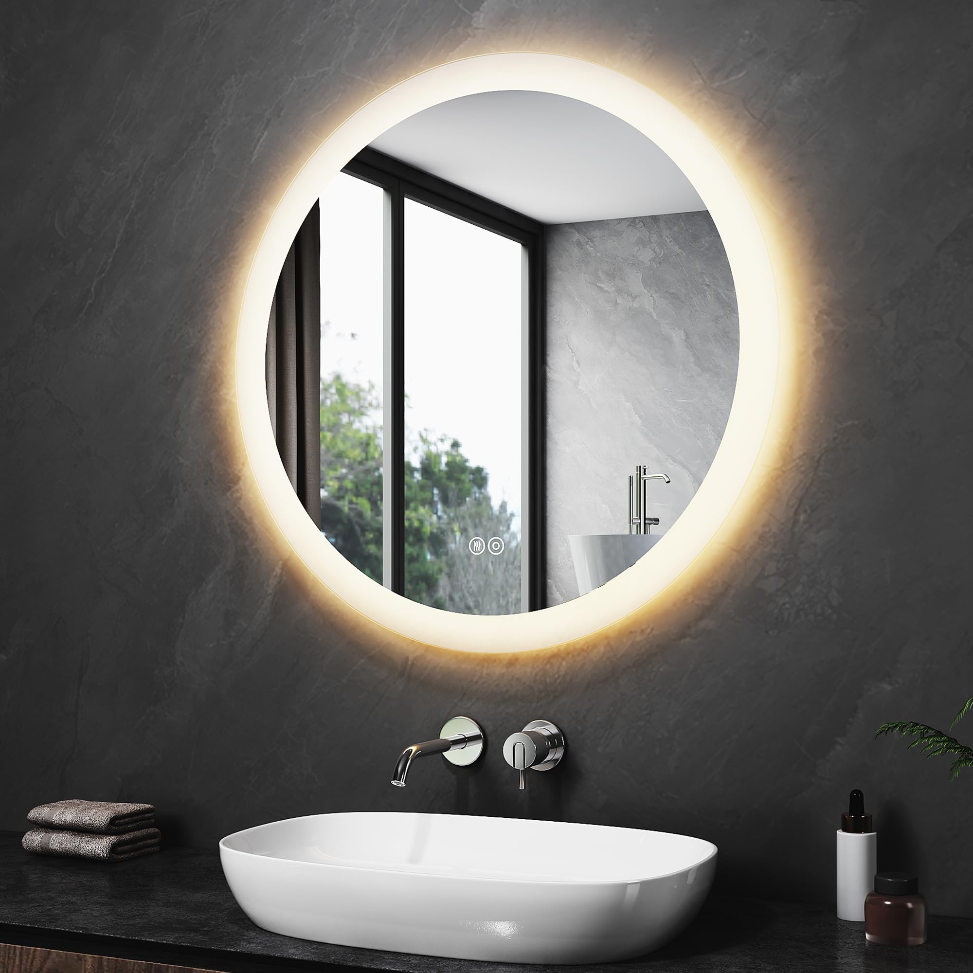 SONNI LED Badspiegel Rund 60cm – Wandspiegel mit Beleuchtung, 3 Farbtemperaturen, Dimmbar, Anti-Beschlag, Memory-Funktion, IP44