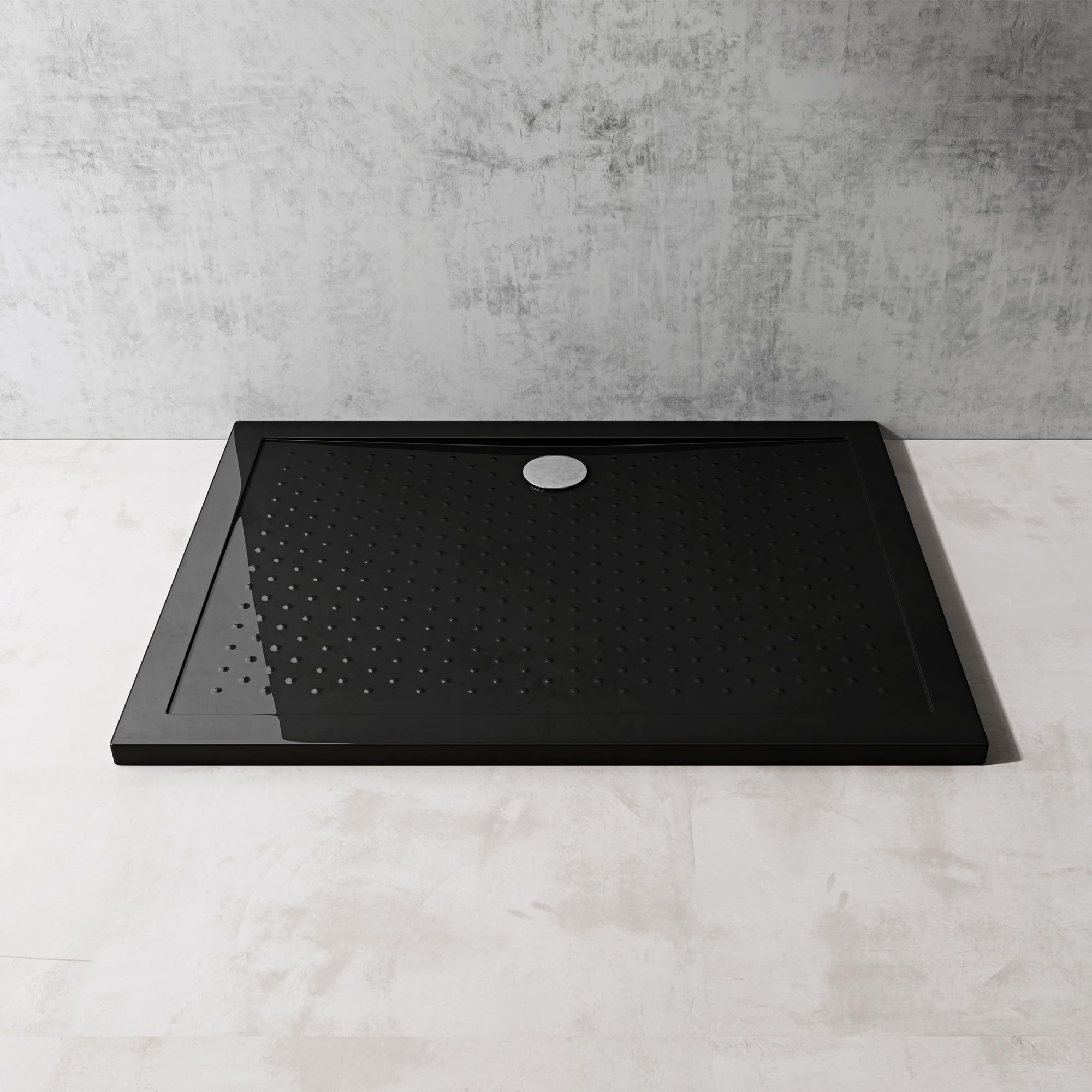 doporro Plato de Ducha Rectangular Antideslizante 70x100x4 cm – Acrílico Negro, Conexiones DIN, Instalación a Ras de Suelo – Lucia02