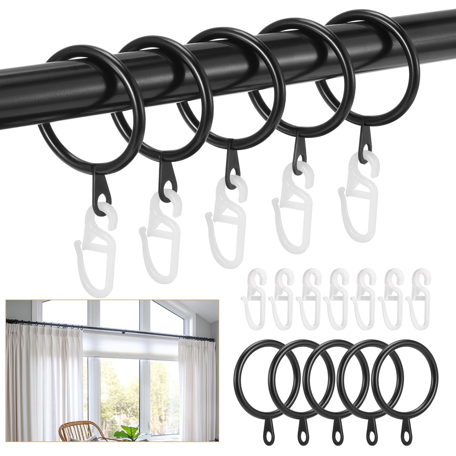 Roxanex 45 Stück Metall-Vorhangringe und -Haken 30 mm Innendurchmesser, schwarze Aufhängeringe für Gardinenstangen, Duschvorhangstangen, Vorhangschienen