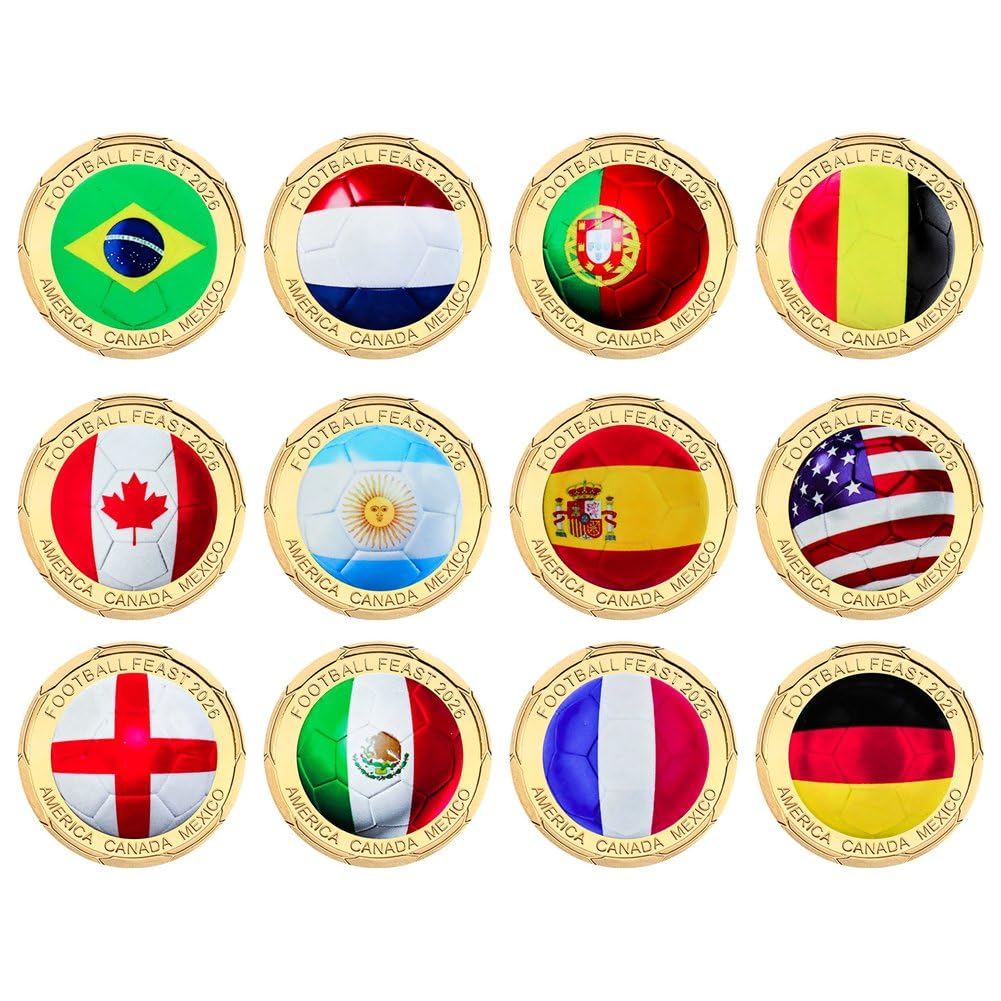 Sslvya 12 Pcs National Flags Football Commemorative Coin Football Feast 2026 Challenge Coin Soccer Souvenir Gifts for Football Fans Collectors