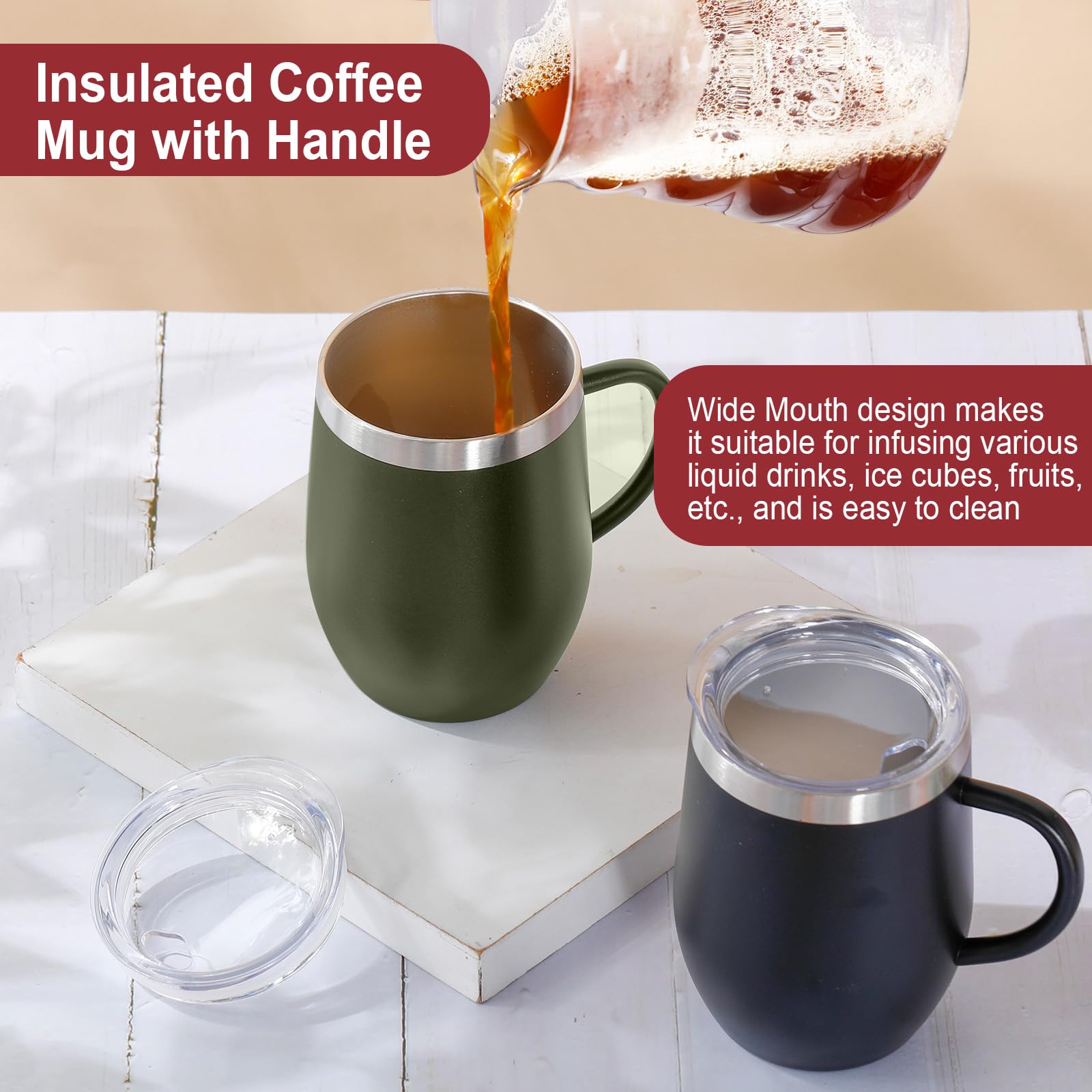 Suclain 6 tazas de café aisladas de 12 onzas con asa, de acero inoxidable, taza de café aislada a granel, taza de viaje de doble pared al vacío con tapa deslizante, taza térmica de viaje (colorido)
