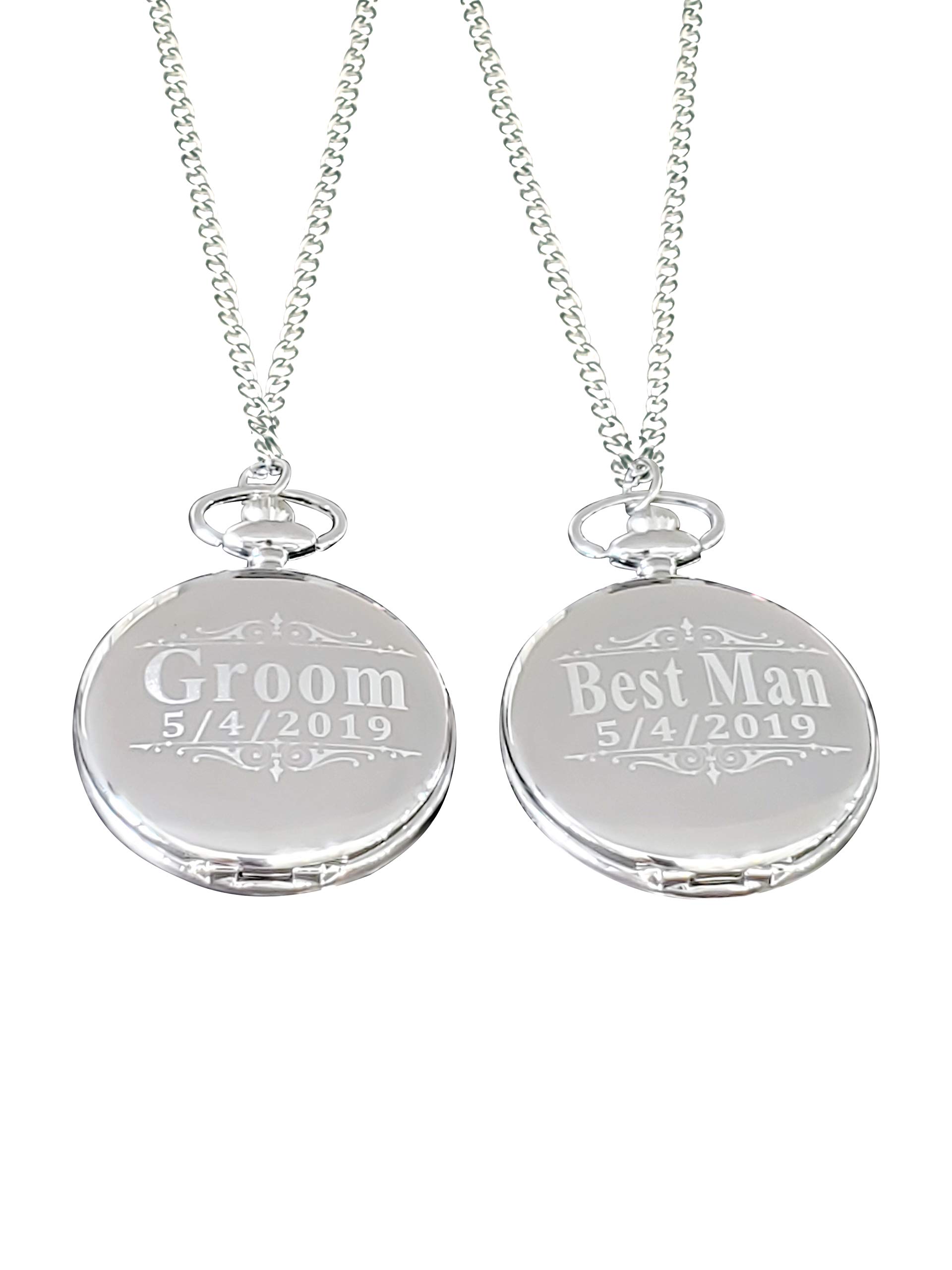3 Engraved Pocket Watches - 3 Groomsmen Personalized Unique Gifts - Chain, Box and Engraving Included, Comes in 4 Colors (Black/Gunmetal) (Black/Gunmetal)