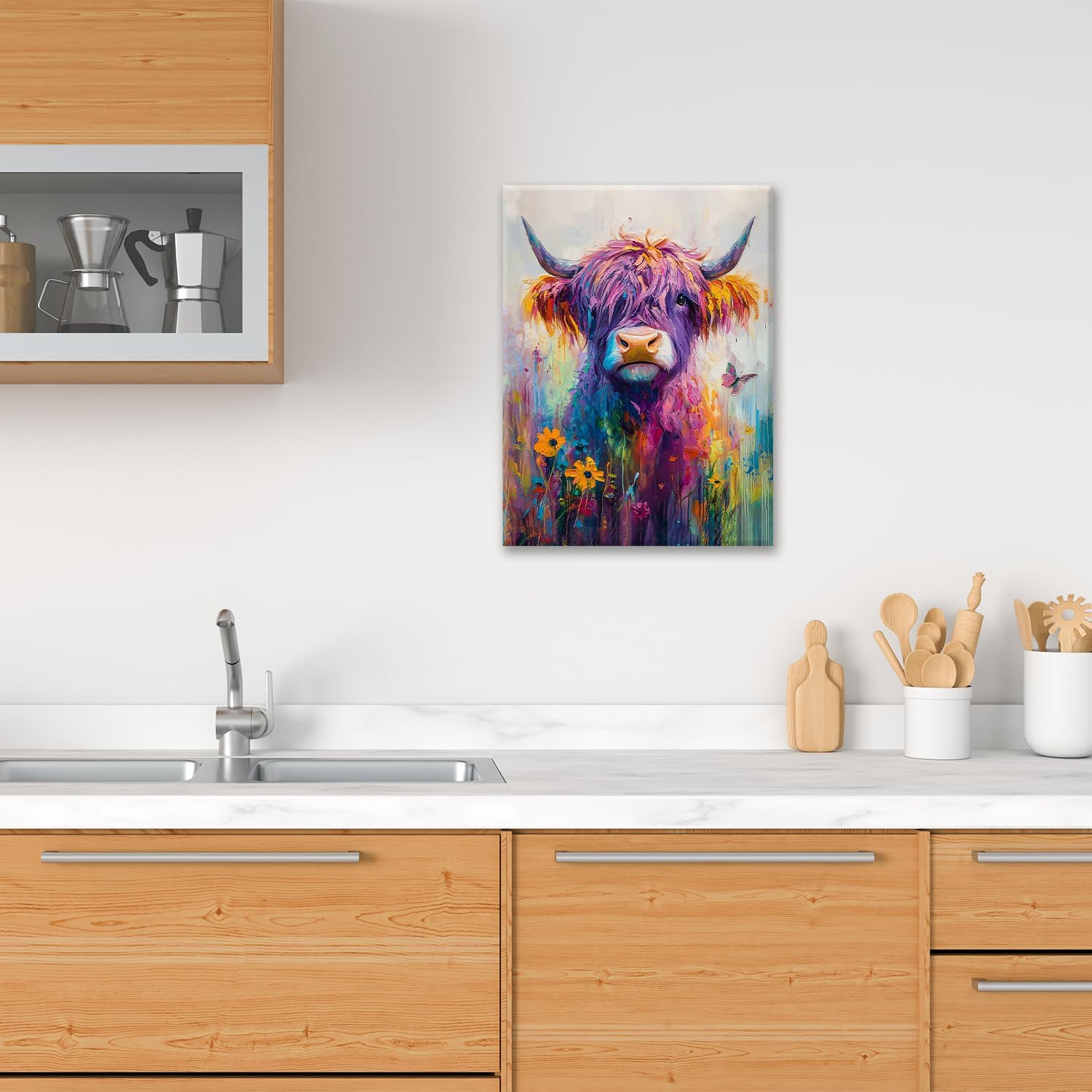 Highland Cow Canvas Wall Art Animal Painting Colorful Highland Cow Pictures Framed for Bathroom Bedroom Living Room Cows Modern Home Office Wall Decor 12"x16"