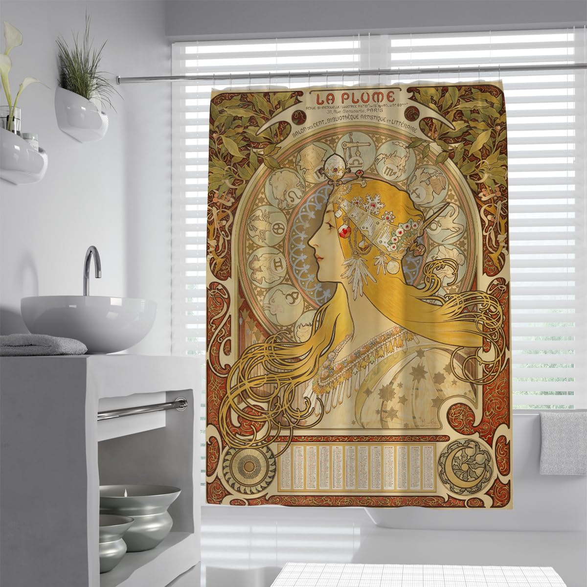 OLLIAR Home Vintage Shower Curtain Classic Art Nouveau Elegant Woman Print Bath Curtain Waterproof Fabric Bathroom Curtains Decor with Hooks 240x180cm