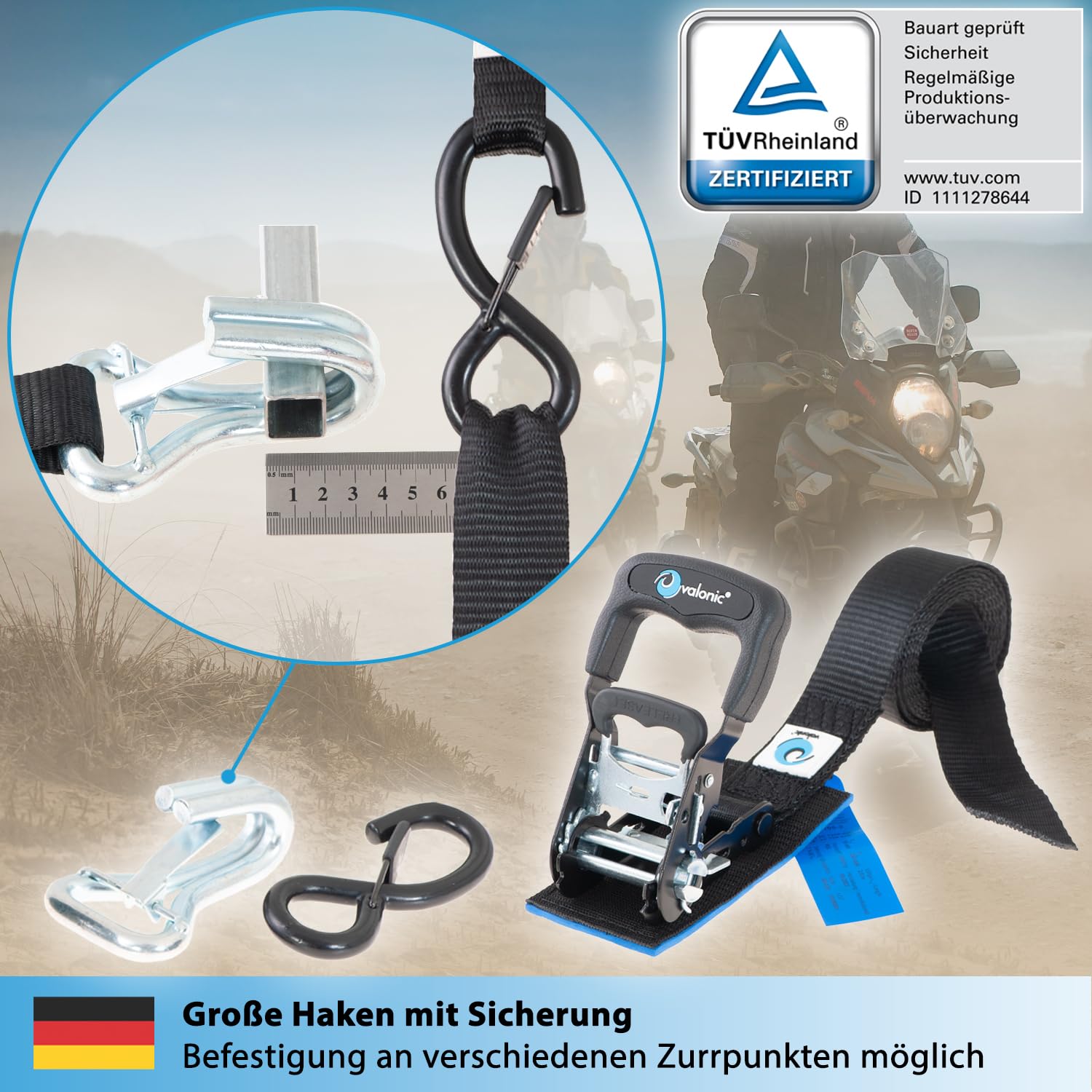 valonic PANTHER - 2x Motorrad Spanngurte mit Haken, 2,25m, blaue Fahne, 38mm, mit Polster, 650/1300 Kg, TÜV Rheinl. / GS zertifiziert, EN 12195-2 - sehr kurzer Spannweg, Motorradhalterung für Anhänger