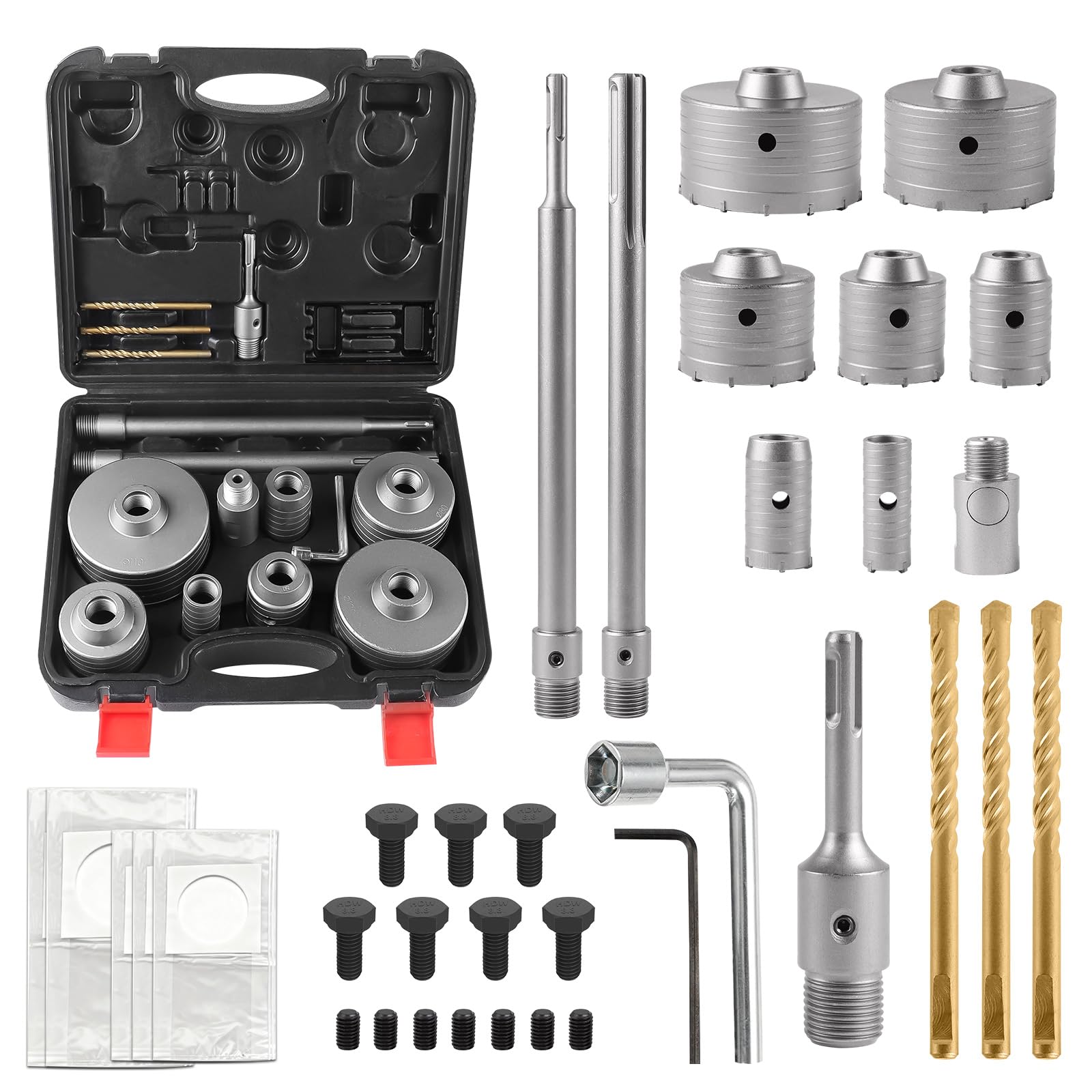 EXLECO Hohl-Bohrkrone Set 37-pk, Bohrkrone Steckdose, Kernbohrer 30mm 40mm 50mm 65mm 80mm 100mm 110mm, mit 110mm 300mm SDS Plus Verlängerung & SDS Max Zentrierbohrer, Dosenbohrer Steinbohrer