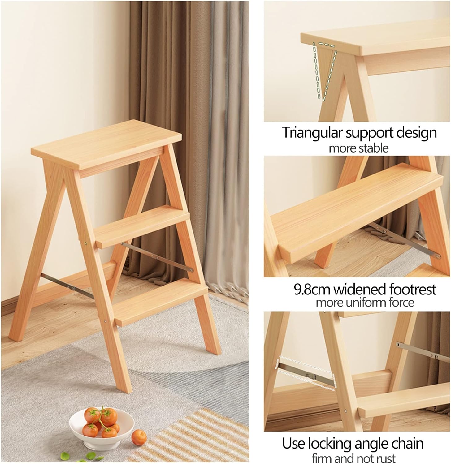 Folding Ladder Chair Rack Step Stool, 3 Step Wood Multifunction Stepladder Stairs Chair Moveable Home Kitchen Climb Steps Ladder Stool
