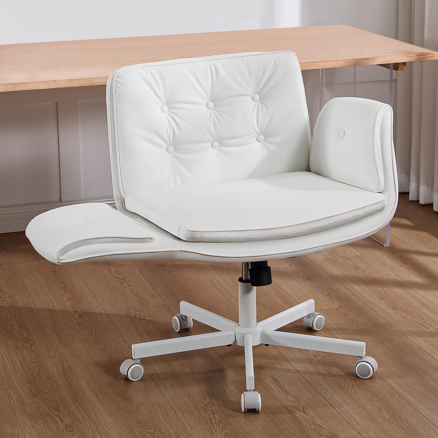 amseatec Criss Cross Chair with Armrests & Wheels, PU Leather Vanity Chair, Comfortable Adjustable Swivel Computer Office Desk Chairs for Home, Make Up, Bed Room (White)