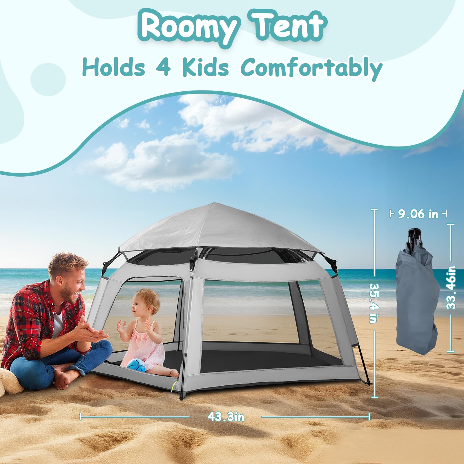 Laufstall Baby Faltbar, 8S Pop up Zelt Kinder, Laufgitter Baby mit Belüftungsnetz und Sonnendach, 3-4 Personen,Tragbar Playpen Indoor Outdoor Für Strand, Park, Camping, Garten, Grau