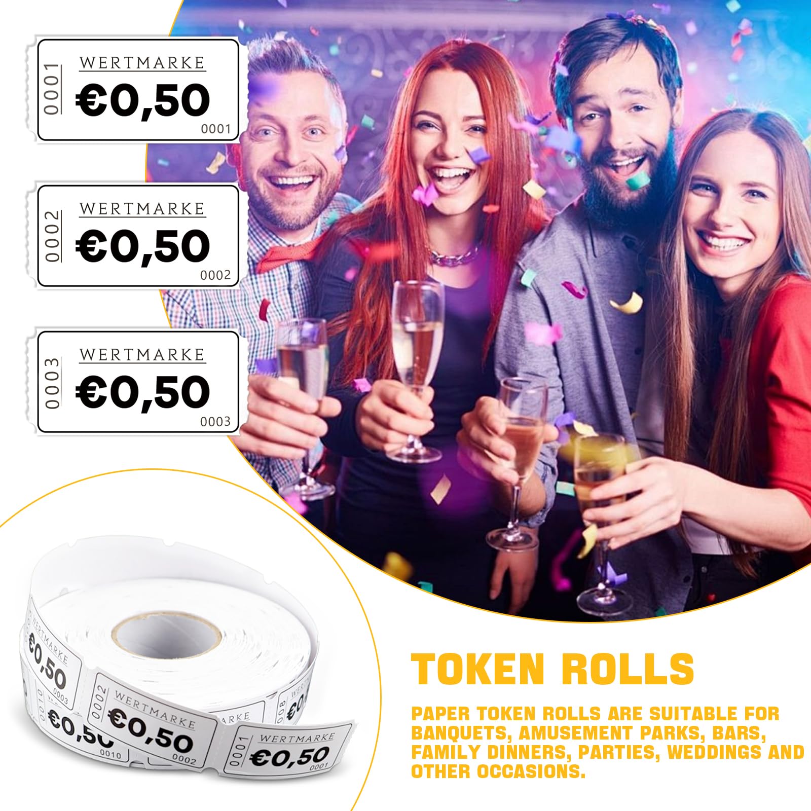 Jetons pour repas & boissons, rouleaux 1000 feuilles, numérotation continue, facile à déchirer (0,5 euro)