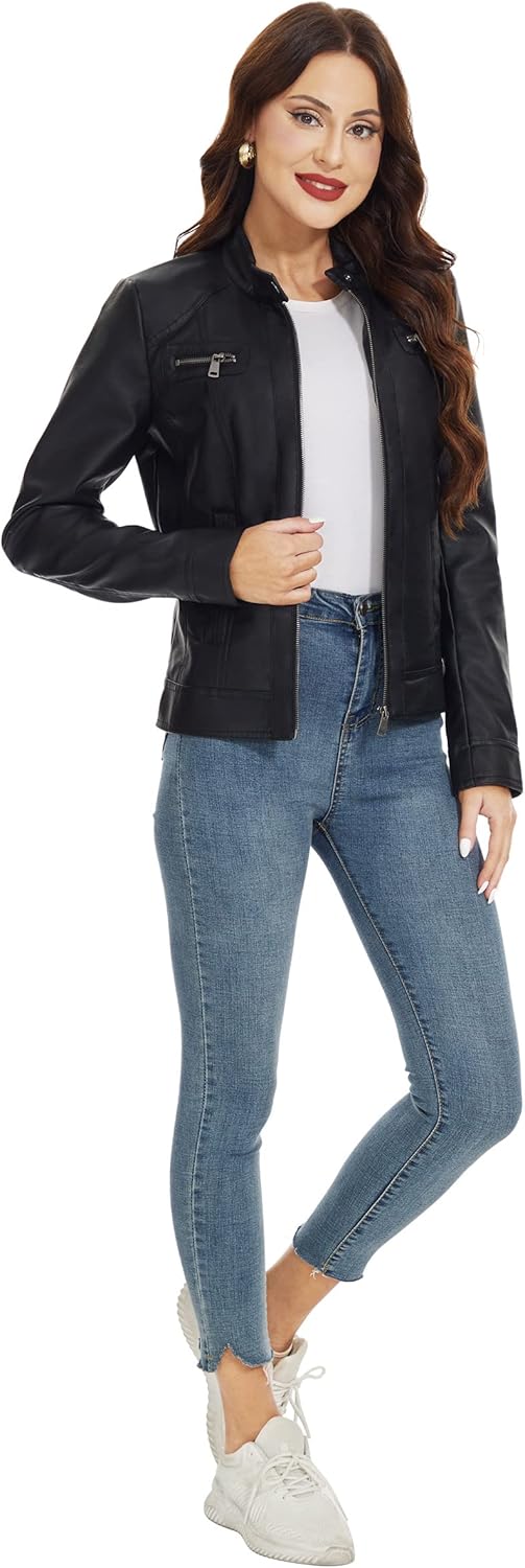 Fahsyee Zip Leather Jackets for Women Motorcycle Faux PU Moto Biker Outwear Coat - Image 5