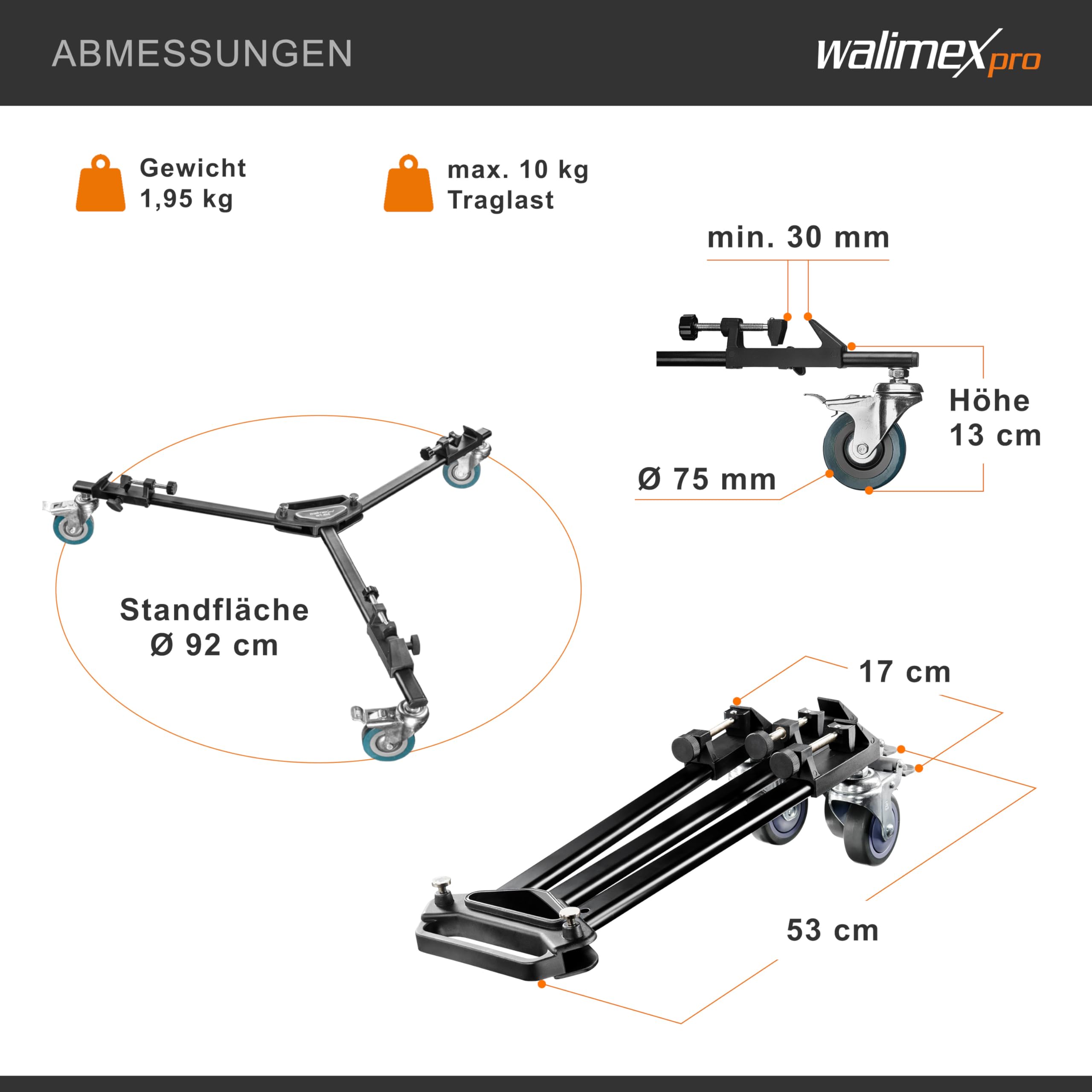 Walimex pro WT-600 Stativwagen für Dreibein- und Lampenstative, Transport Wagen Aluminium bis 10 kg Traglast, Stativ Zubehör für Studiofotografie