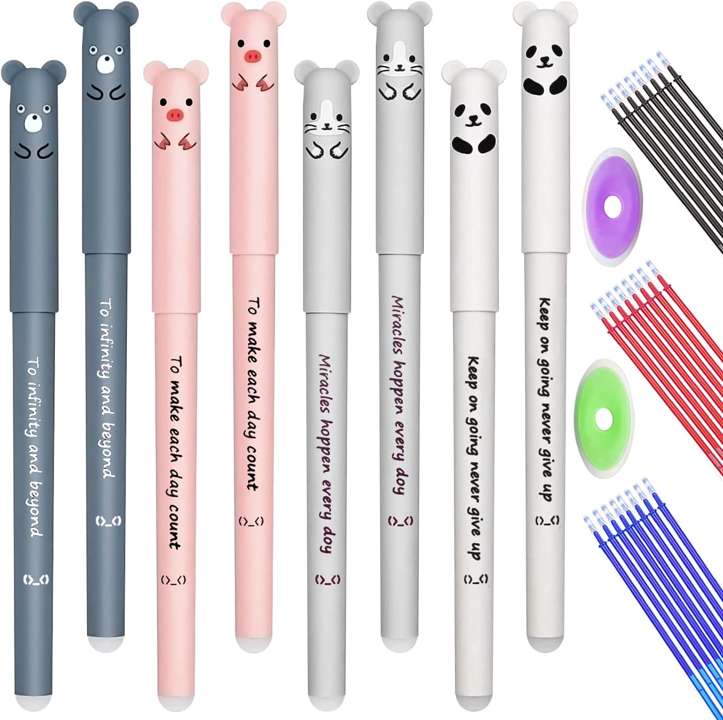 Radierbare Kugelschreiber 11-tlg | Capybara Design | 0,5mm Blau | Mit Radiergummi