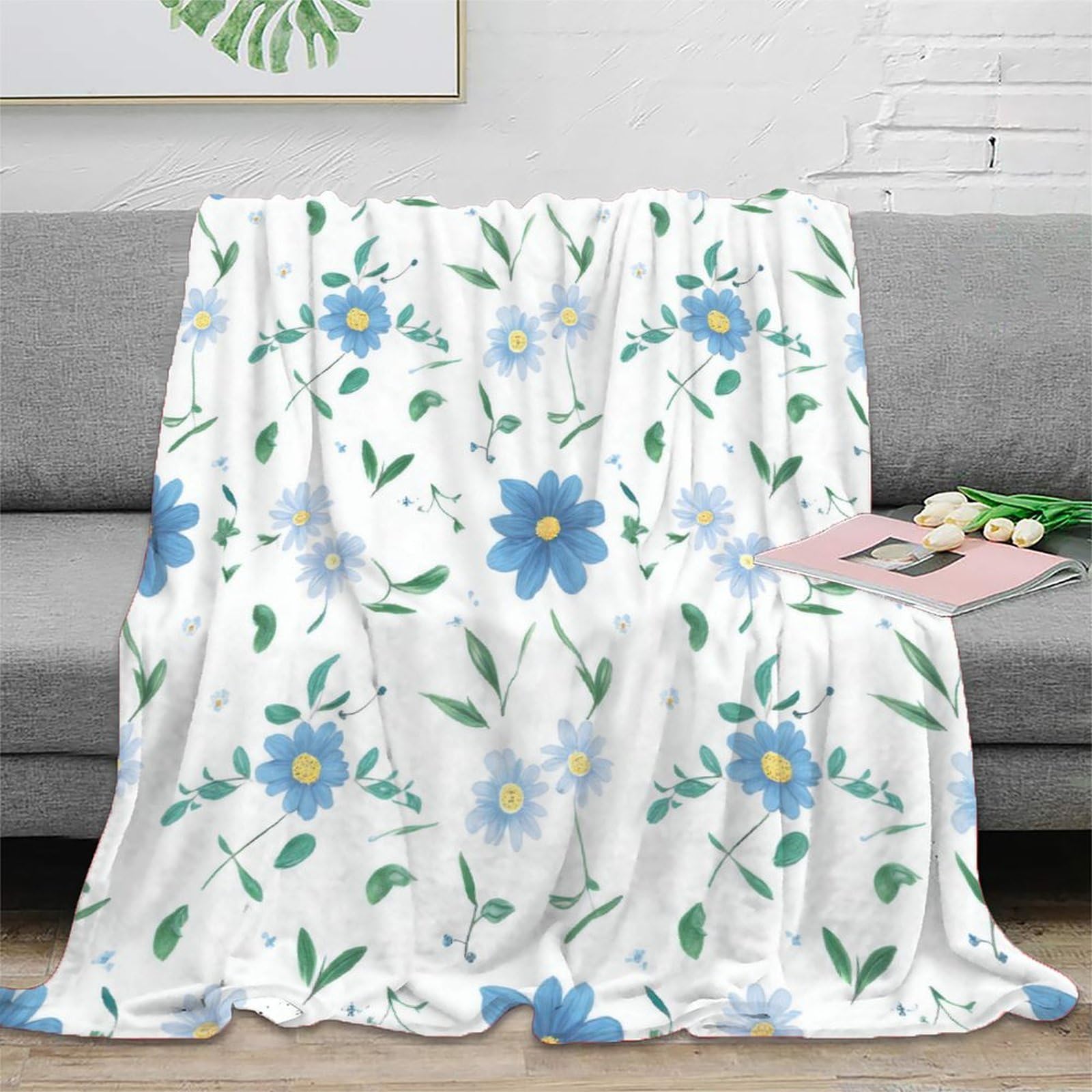 Couverture microfibre 150x200cm style de jardin botanique plaid jeté de lit floral bleu
