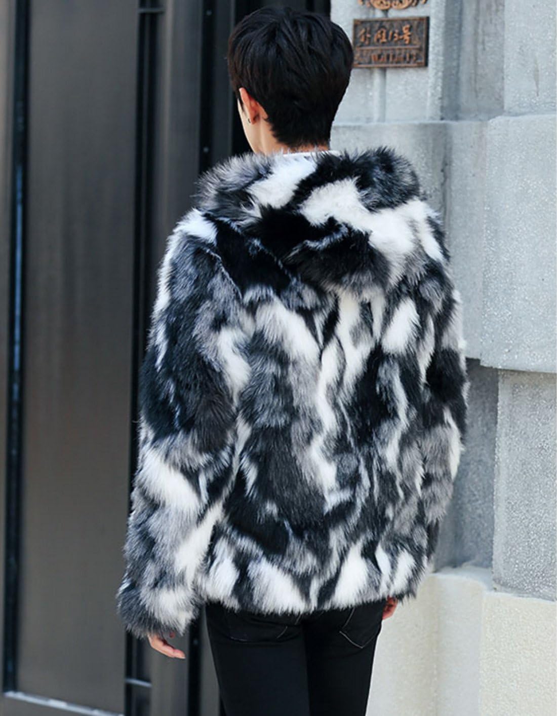 HZCX FASHION Men's Black White Fake Fur Winter Cotton-Padded Coats with Hood