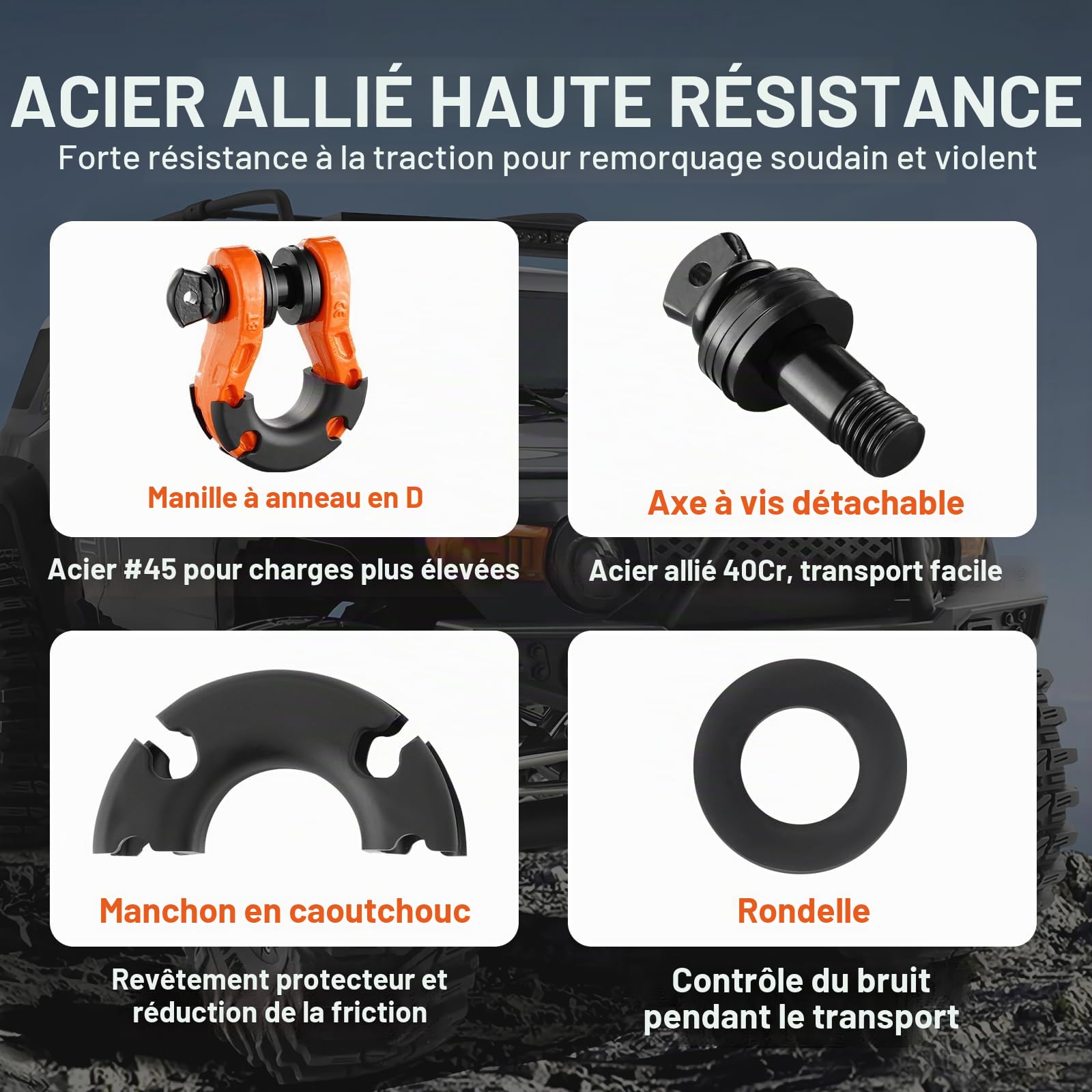 VEVOR Manille à anneau D 19 mm, lot de 2 manilles de remorquage acier allié, résistance à rupture 30 t avec goupille à vis 22 mm, isolateurs et rondelles, récupération pour VTT, camions, jeep, orange