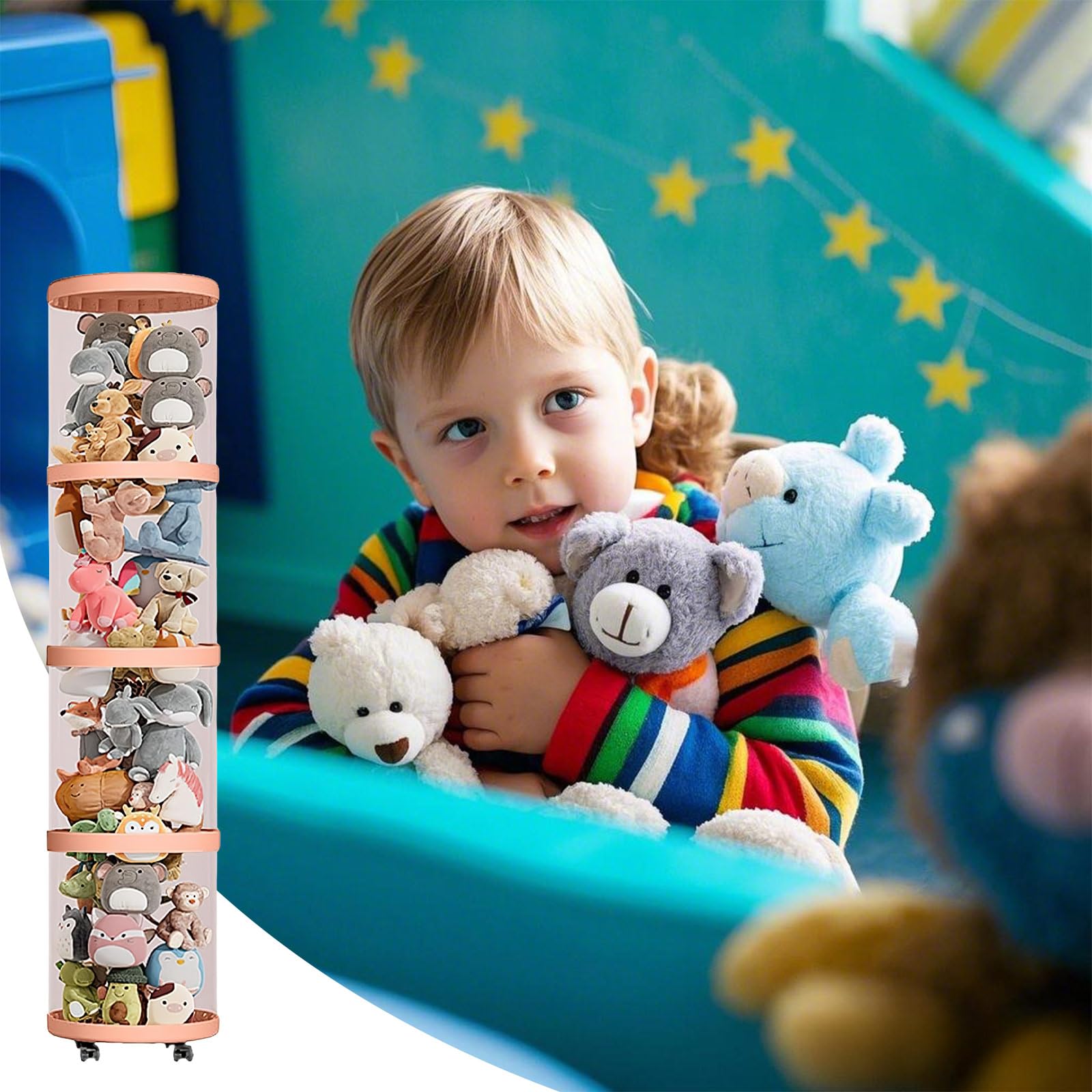 Kouamor Tubo de almacenamiento de juguetes blandos de 70 a 166 cm, almacenamiento de juguetes de peluche multicapa, tubo de almacenamiento de animales de peluche con ruedas, tubo organizador de