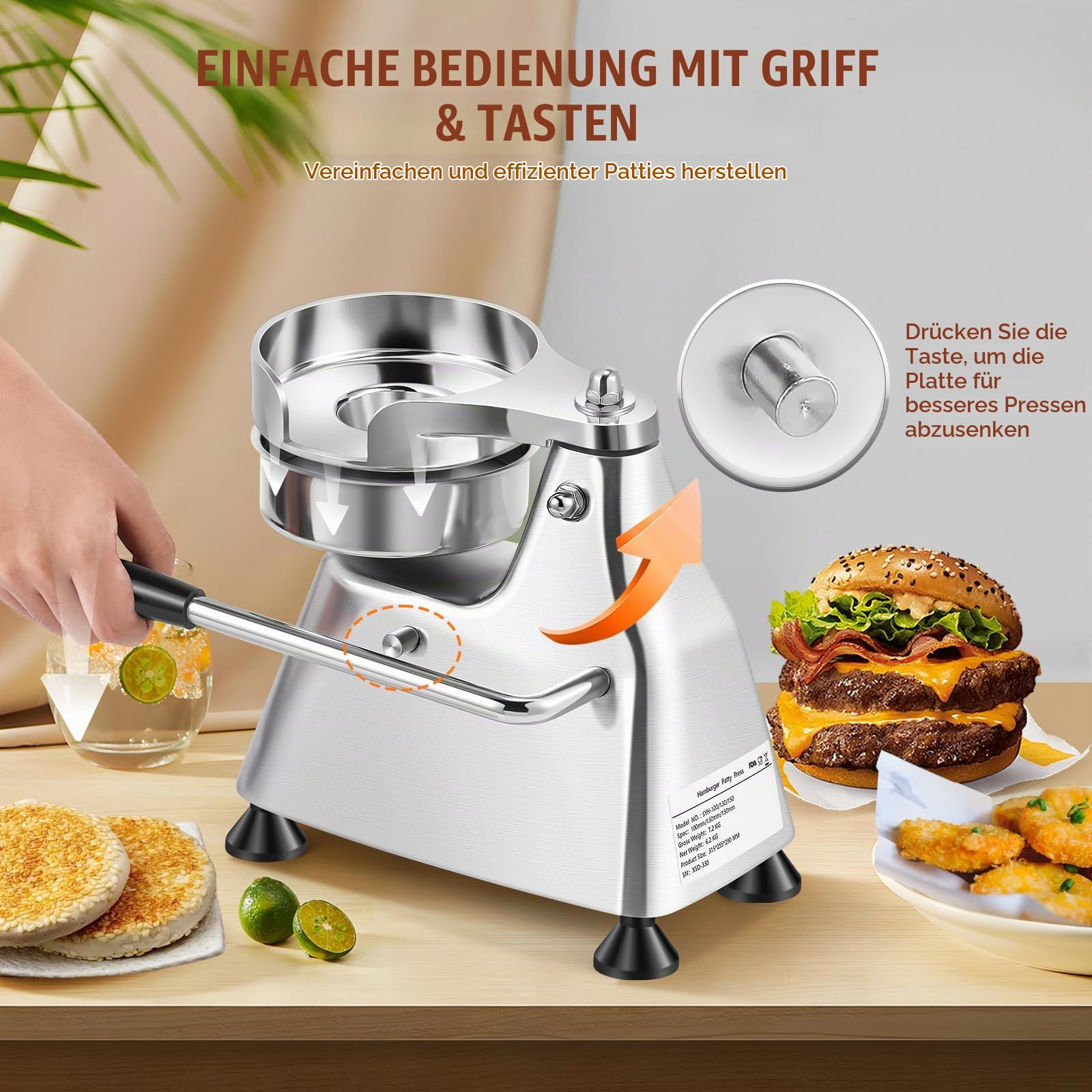 Moongiantgo Kommerzielle Burgerpresse, 3-in-1 Burger-Patty-Maker aus Edelstahl, Burger-Formmaschine mit 3 Abnehmbaren Größen (4/5/6 Zoll)&1500 Patty-Papieren für Küche/Außenstände/Hotels (10/13/15CM) | Burger-Formmaschine mit 3 Abnehmbaren Größen (4/5/6 Z